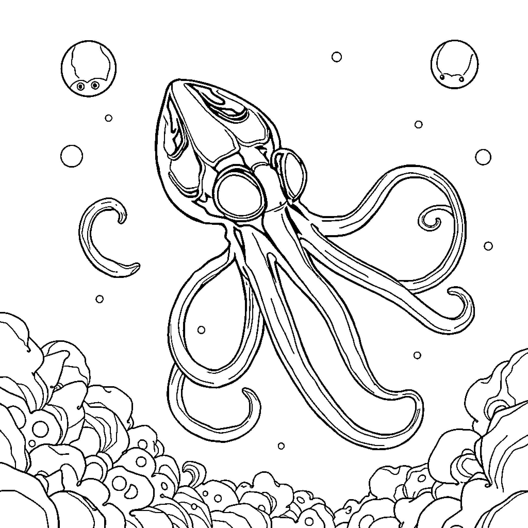 Squid swimming gracefully through the underwater world Coloring Page (free black-and-white line drawing printable PDF for all, from beginners to advanced learners, including children, teens, adults, and seniors)