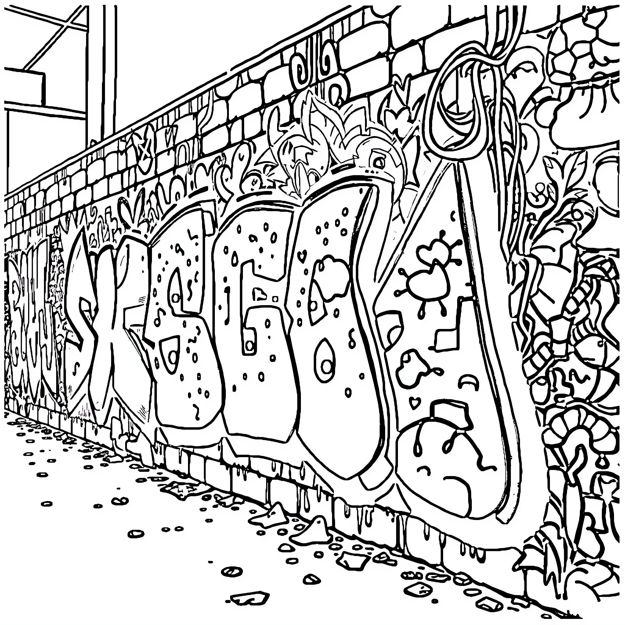 Graffiti wall with vibrant abstract designs and textures Coloring Page (free black-and-white line drawing printable PDF for all, from beginners to advanced learners, including children, teens, adults, and seniors)
