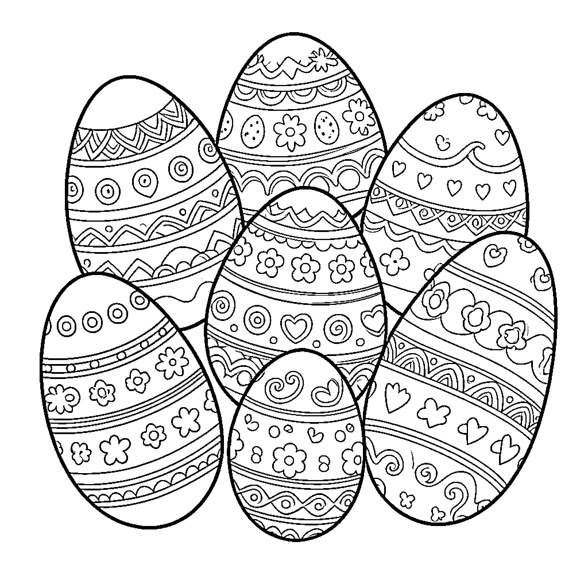 Easter Egg Celebration with Festive Designs Coloring Page (free black-and-white line drawing printable PDF for all, from beginners to advanced learners, including children, teens, adults, and seniors)