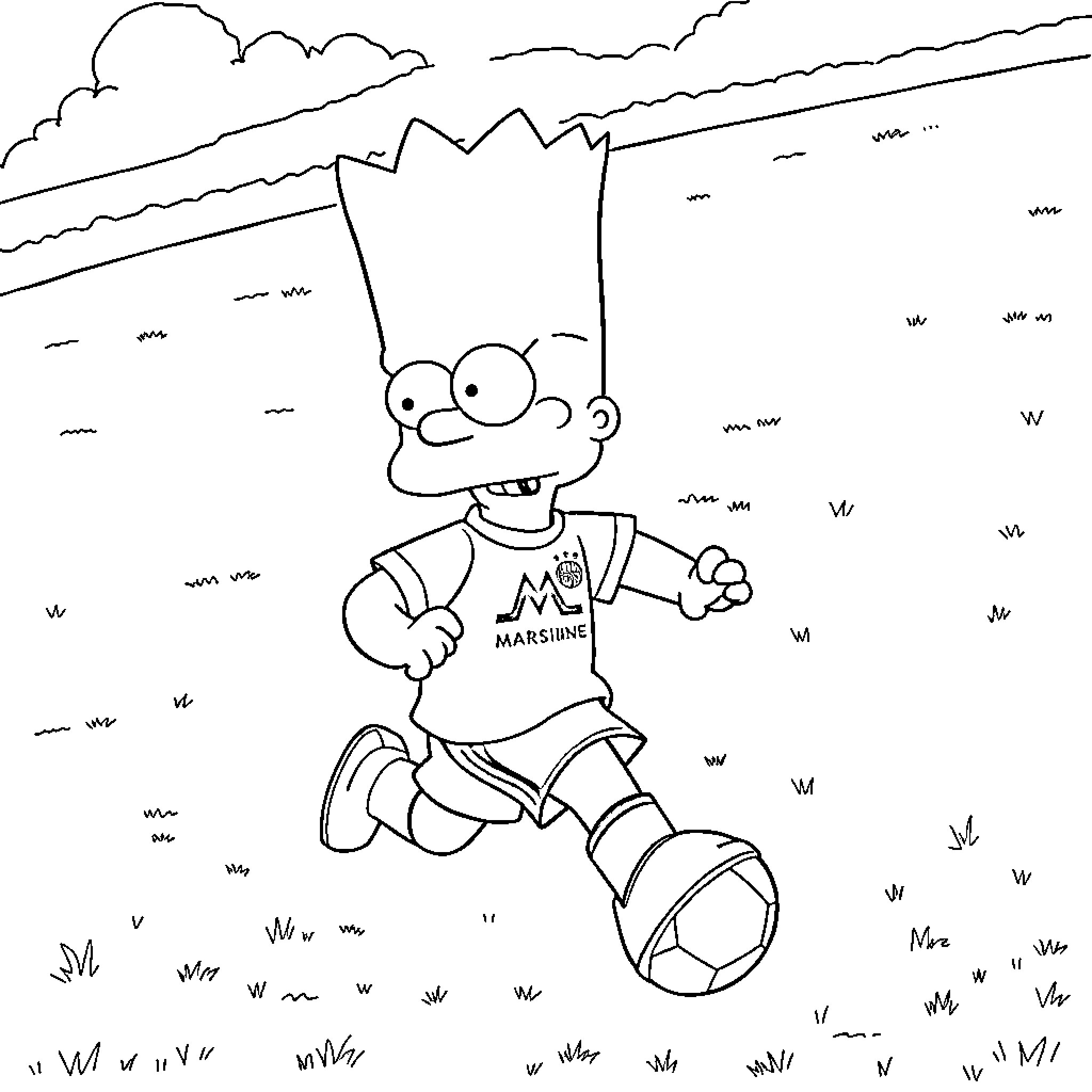 Bart Simpson running joyfully in the field Coloring Page (free black-and-white line drawing printable PDF for all, from beginners to advanced learners, including children, teens, adults, and seniors)