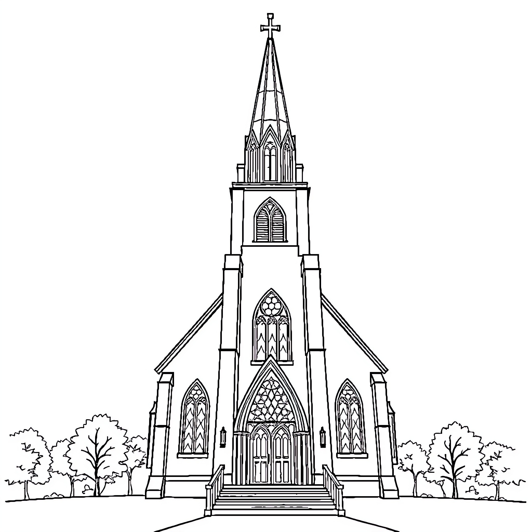 Church with Gothic architectural details Coloring Page (free black-and-white line drawing printable PDF for all, from beginners to advanced learners, including children, teens, adults, and seniors)