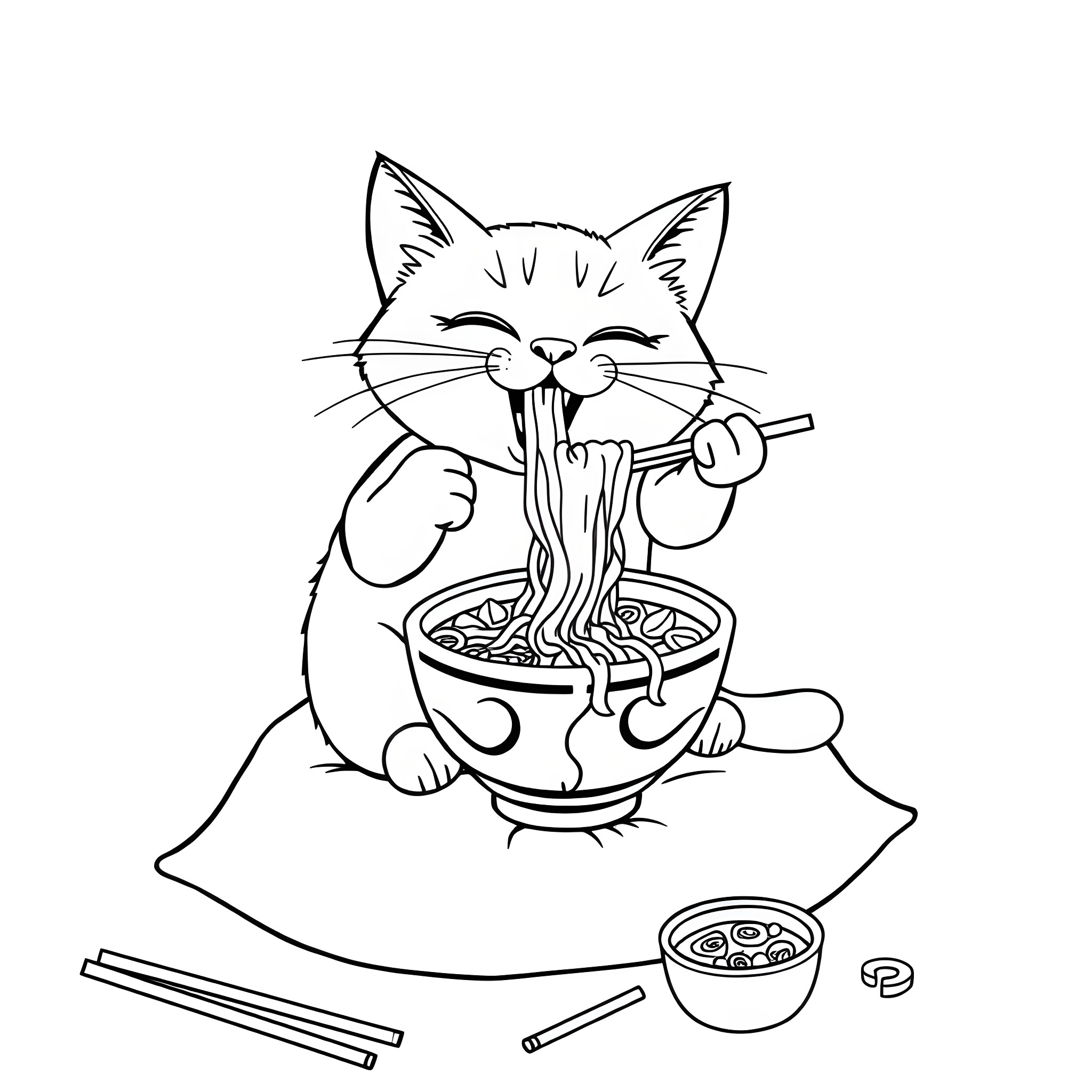 Cat Happily Eating Noodles Coloring Page (free black-and-white line drawing printable PDF for all, from beginners to advanced learners, including children, teens, adults, and seniors)