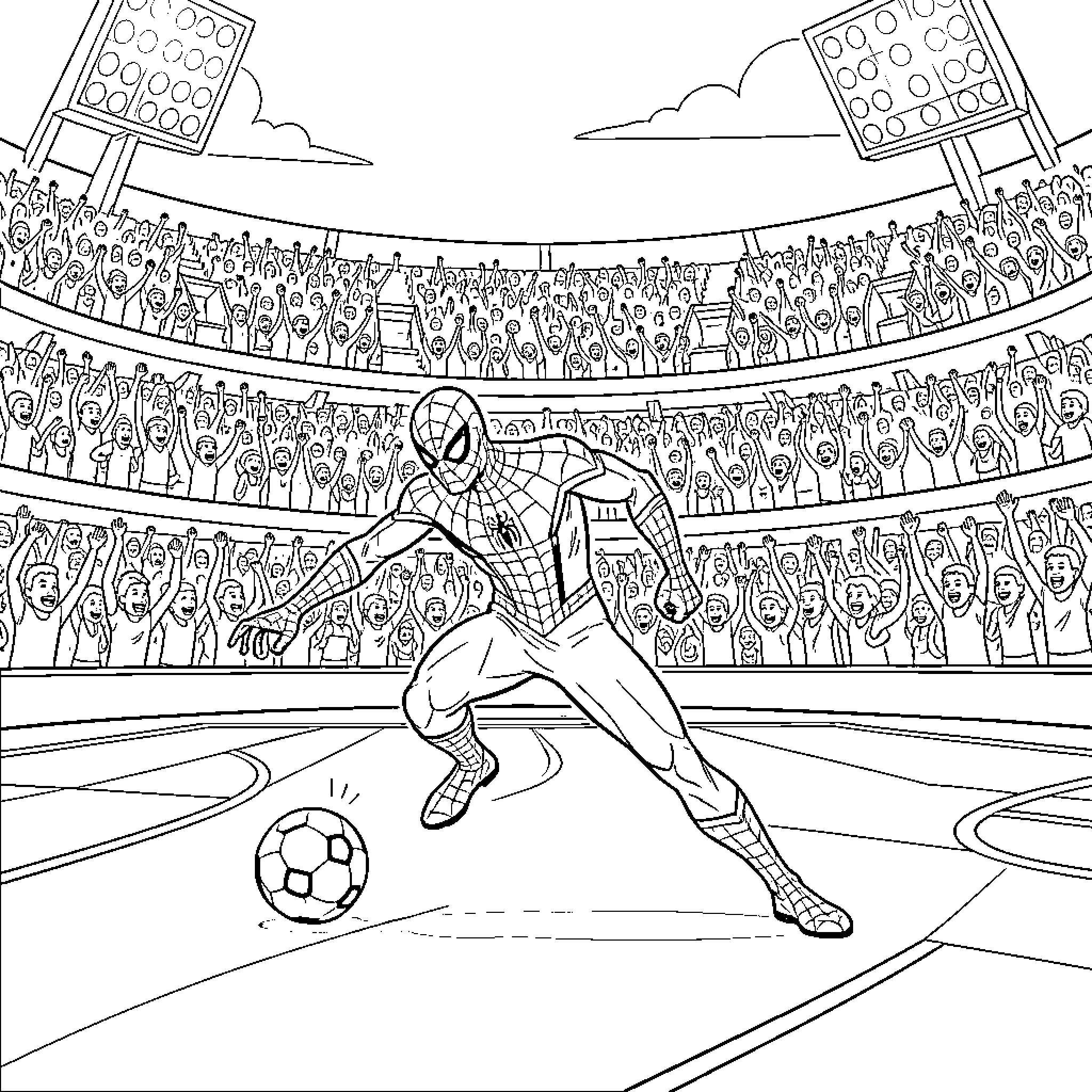 Spider-Man playing soccer in a crowded stadium Coloring Page (free black-and-white line drawing printable PDF for all, from beginners to advanced learners, including children, teens, adults, and seniors)