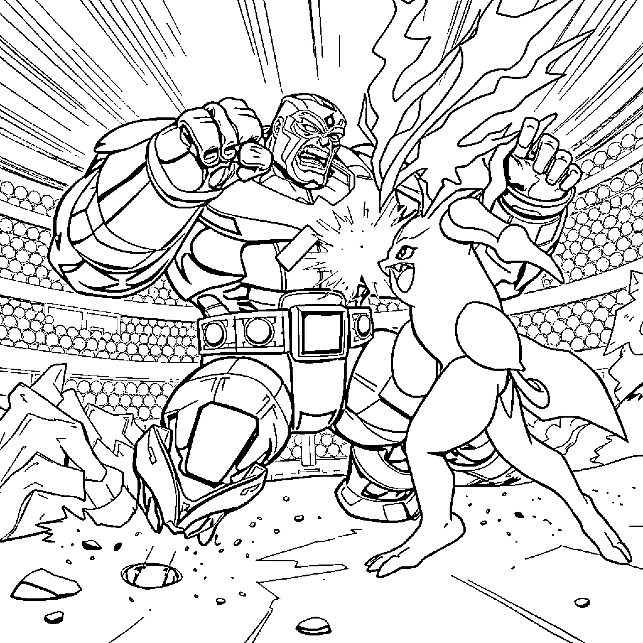 Colossus of Destruction in Epic Battle Coloring Page (free black-and-white line drawing printable PDF for all, from beginners to advanced learners, including children, teens, adults, and seniors)