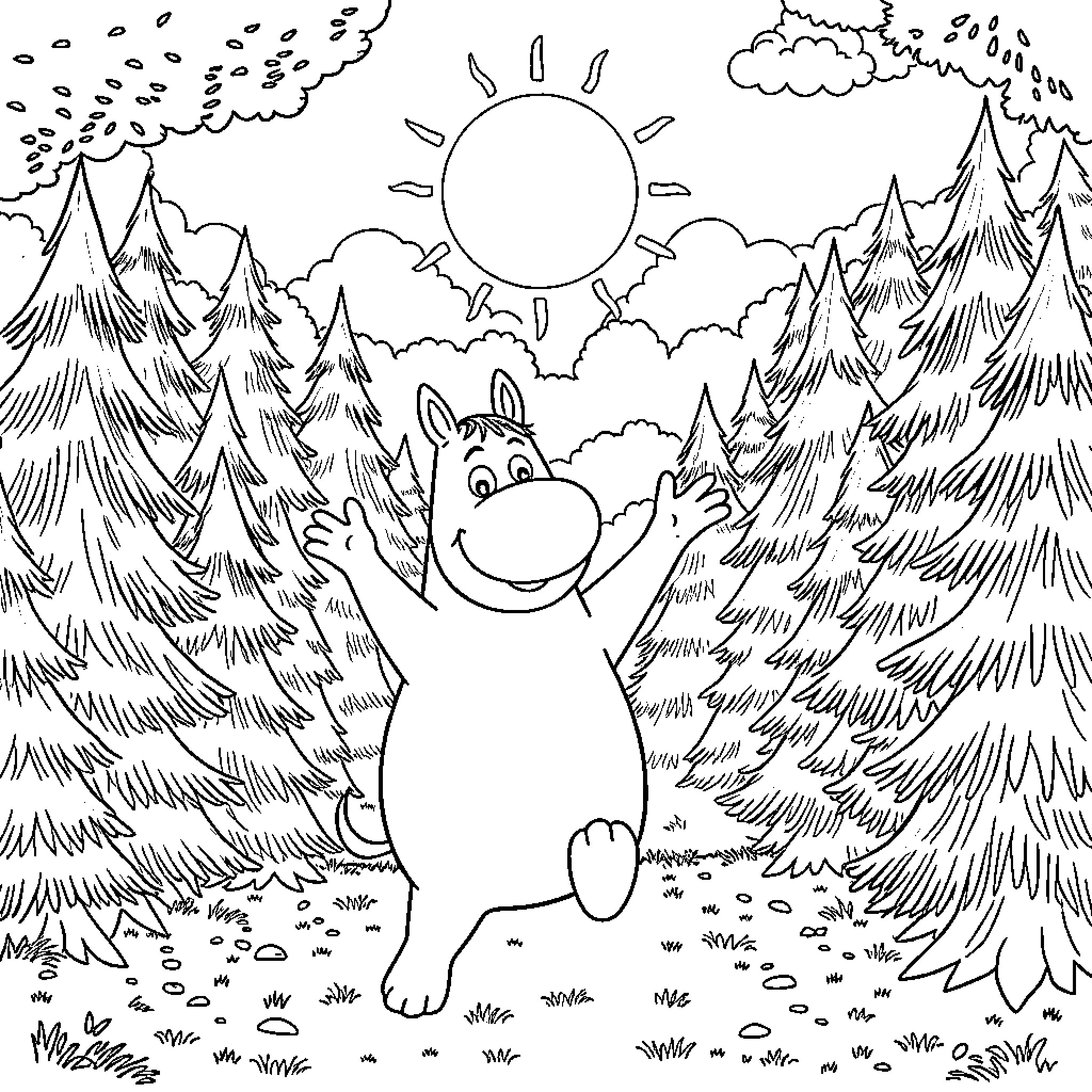 Moomin exploring the forest wonderland Coloring Page (free black-and-white line drawing printable PDF for all, from beginners to advanced learners, including children, teens, adults, and seniors)