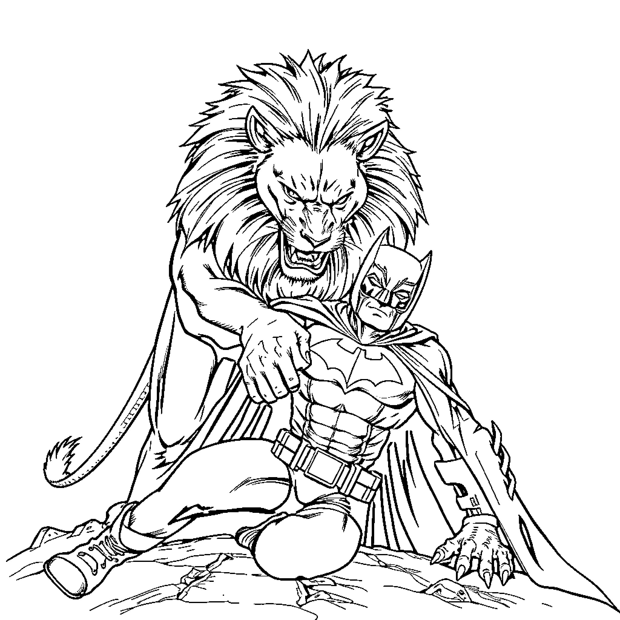 Lion warrior battling with bat-themed hero Coloring Page (free black-and-white line drawing printable PDF for all, from beginners to advanced learners, including children, teens, adults, and seniors)