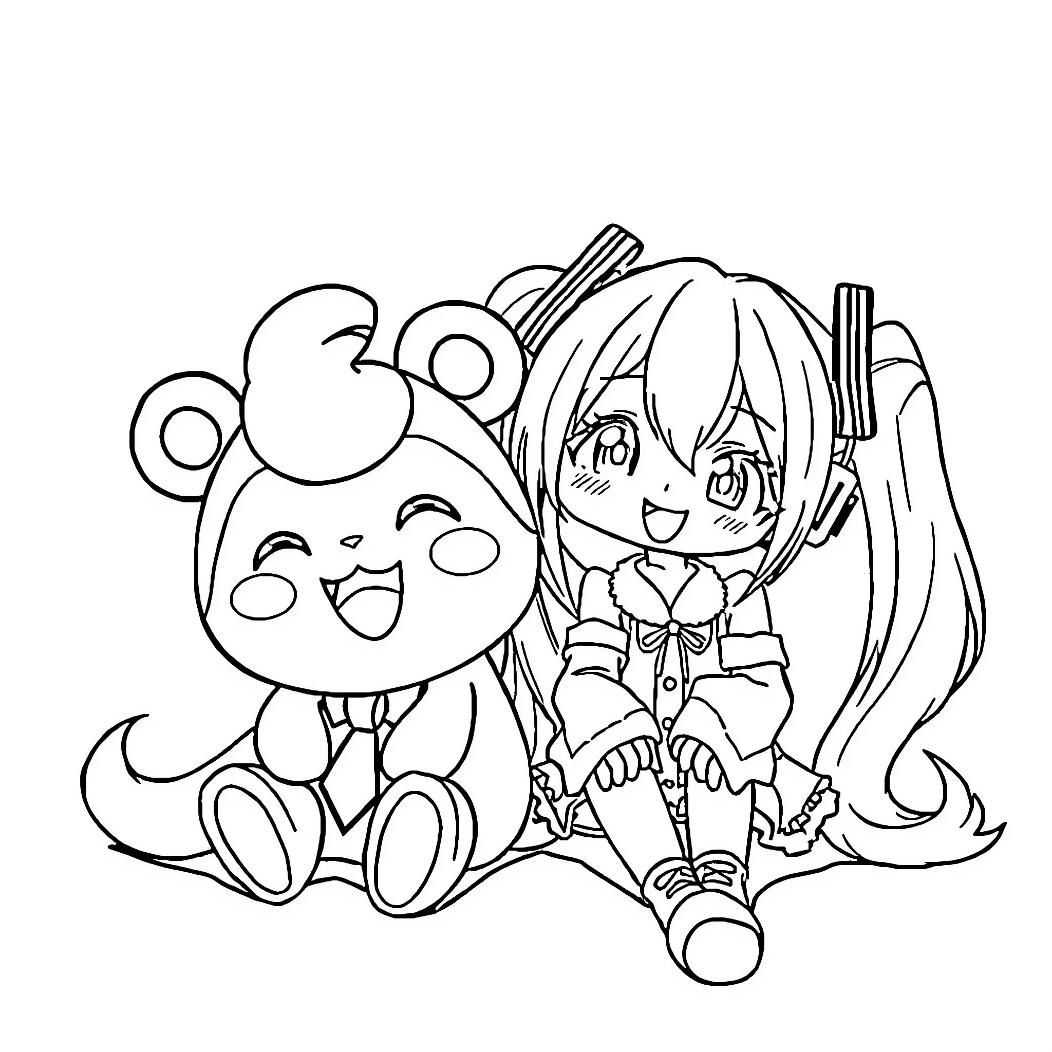 Cinnamonroll and companion in an endearing embrace Coloring Page (free black-and-white line drawing printable PDF for all, from beginners to advanced learners, including children, teens, adults, and seniors)