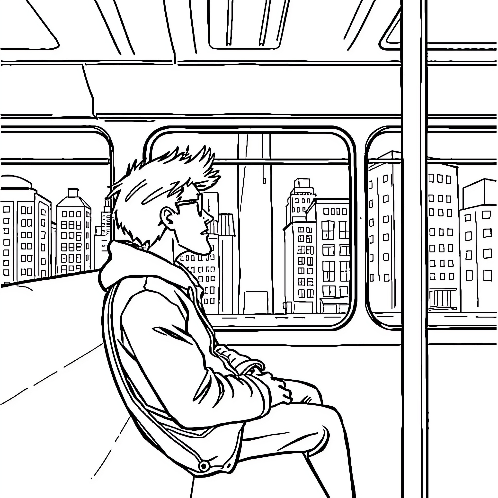 Zoltan's contemplative journey on the city train Coloring Page (free black-and-white line drawing printable PDF for all, from beginners to advanced learners, including children, teens, adults, and seniors)
