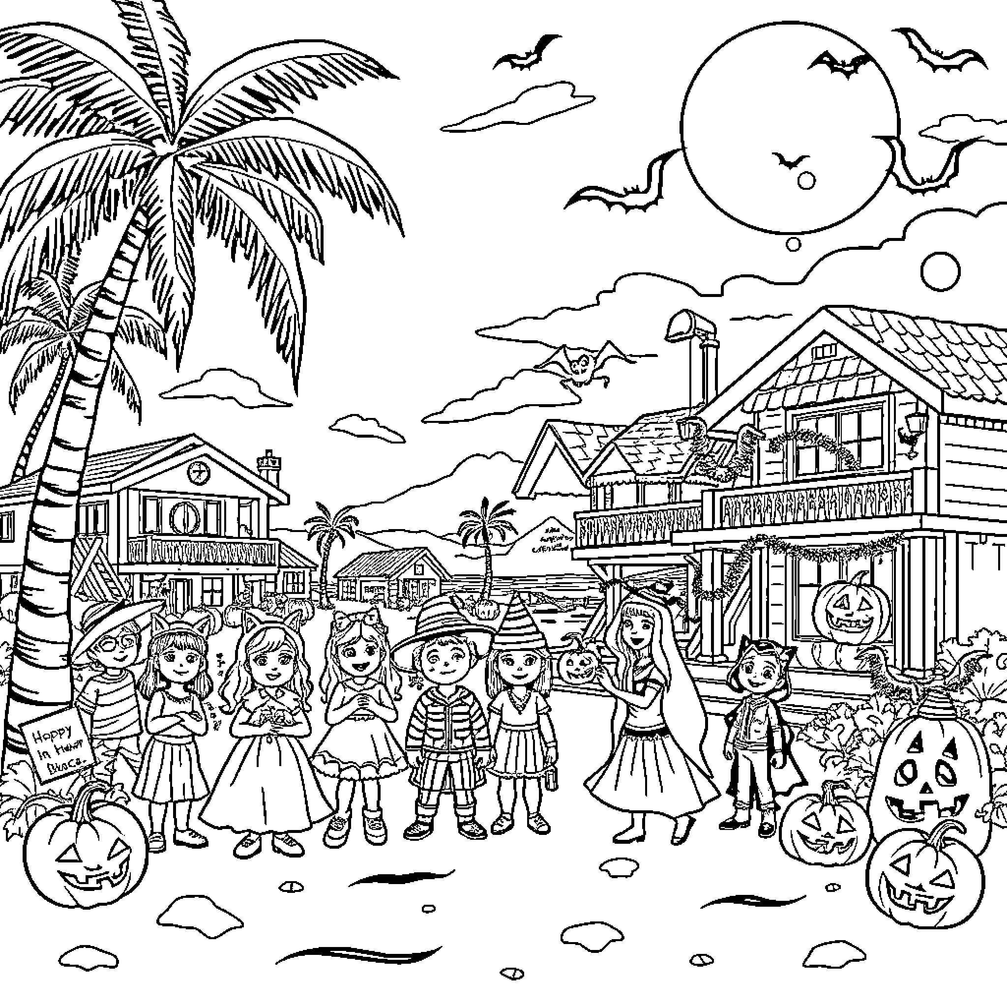 Halloween celebration in a tropical village Coloring Page (free black-and-white line drawing printable PDF for all, from beginners to advanced learners, including children, teens, adults, and seniors)