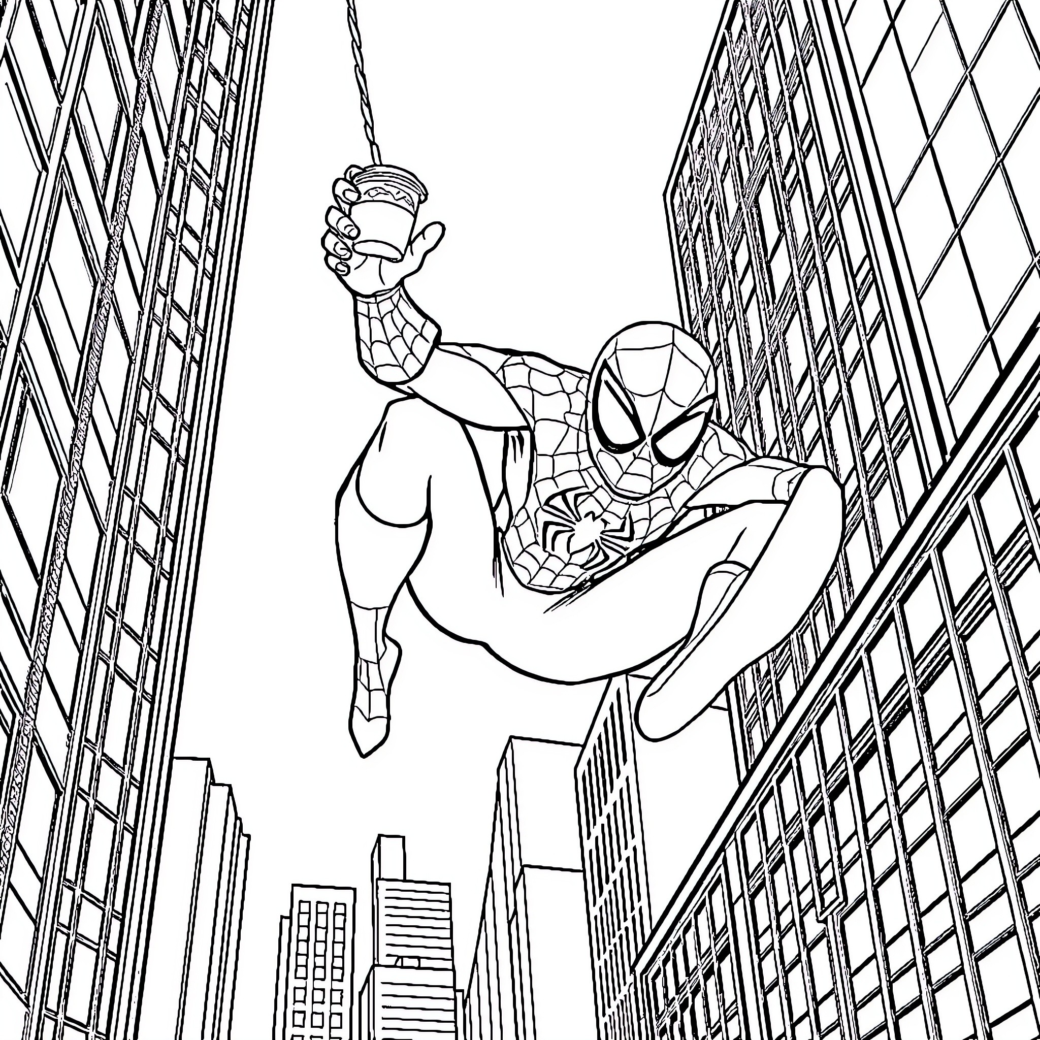 Spider-Man swinging through the city skyline Coloring Page (free black-and-white line drawing printable PDF for all, from beginners to advanced learners, including children, teens, adults, and seniors)