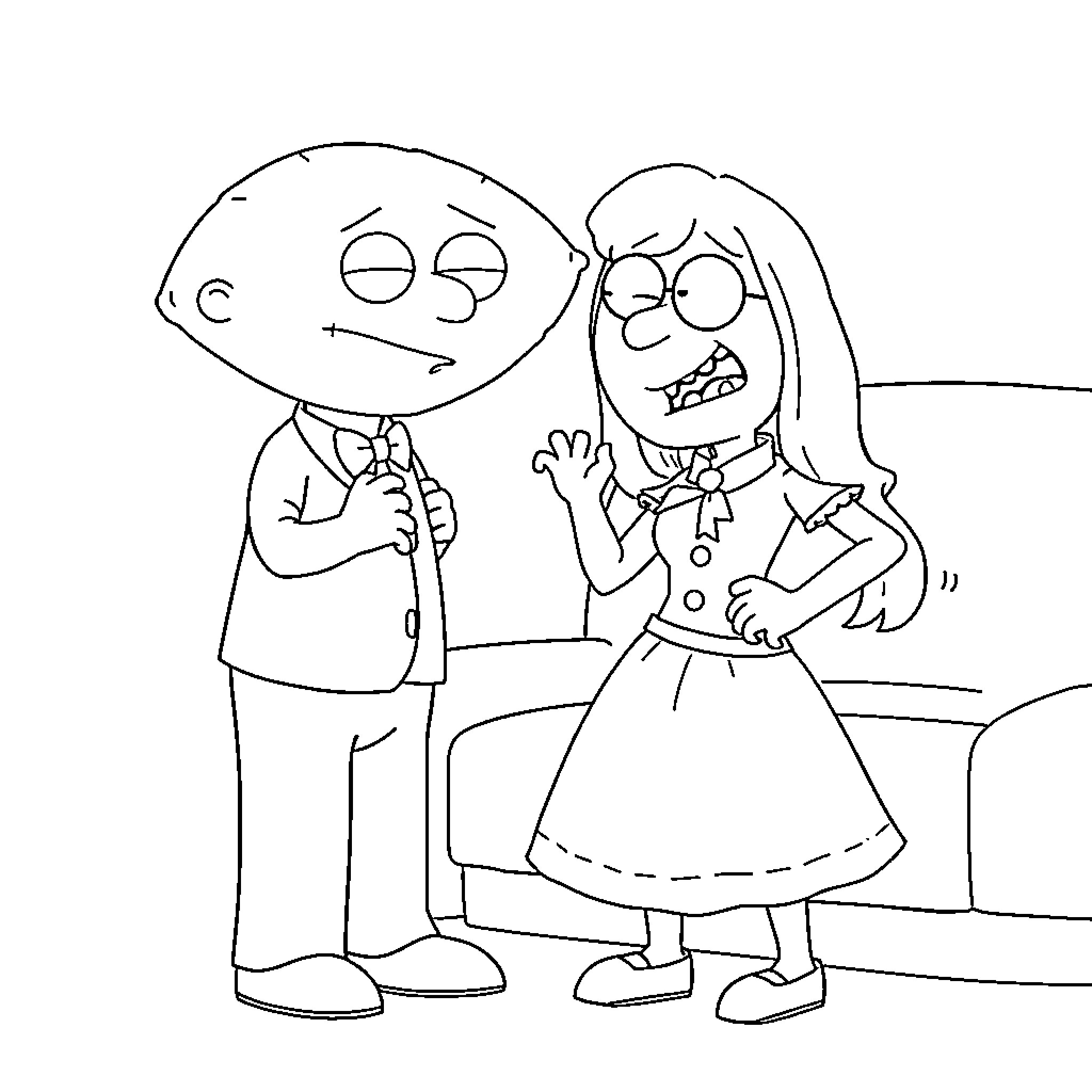 Stewie Griffin and Meg Griffin in a silly moment Coloring Page (free black-and-white line drawing printable PDF for all, from beginners to advanced learners, including children, teens, adults, and seniors)