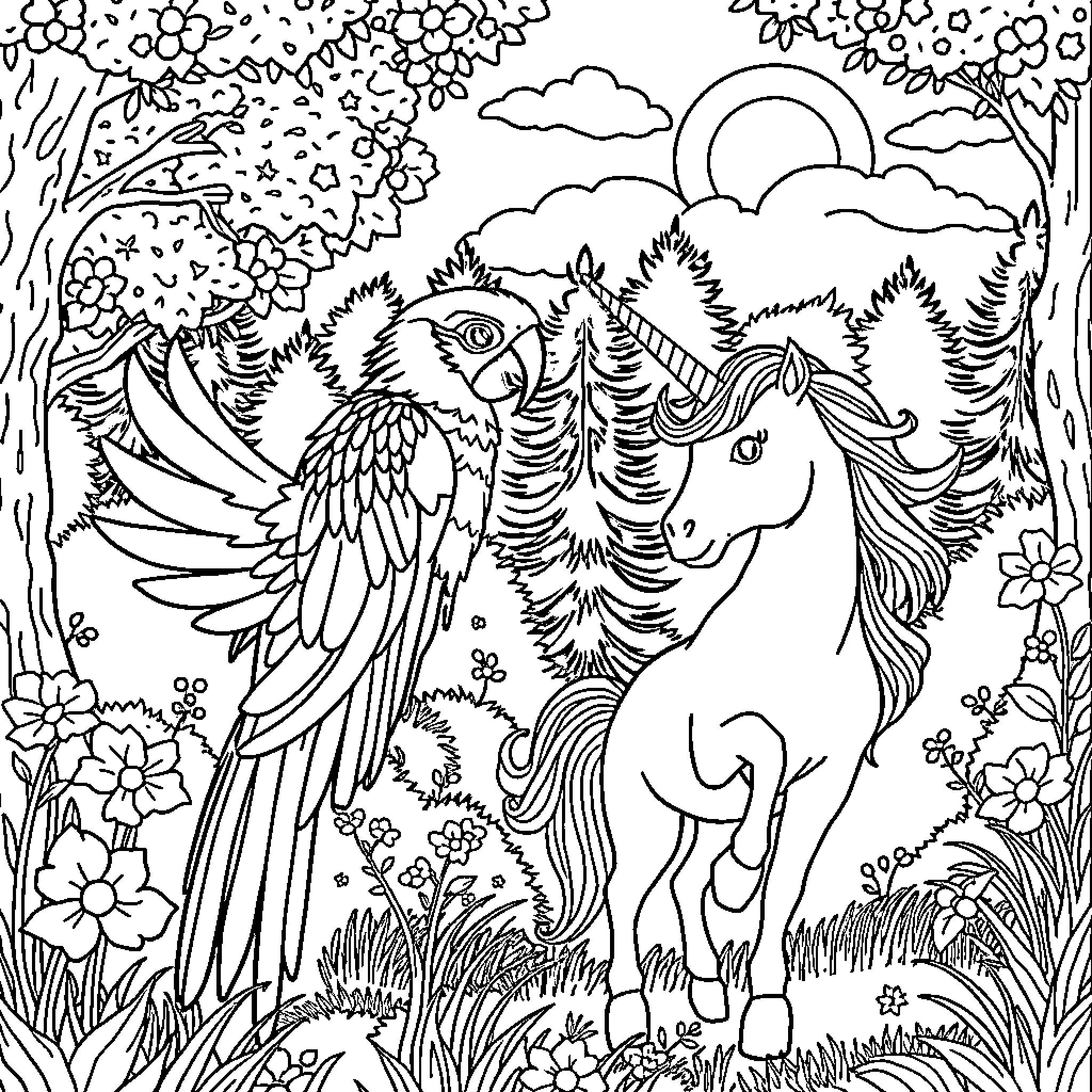 Parrot and Unicorn in a Magical Forest Coloring Page (free black-and-white line drawing printable PDF for all, from beginners to advanced learners, including children, teens, adults, and seniors)