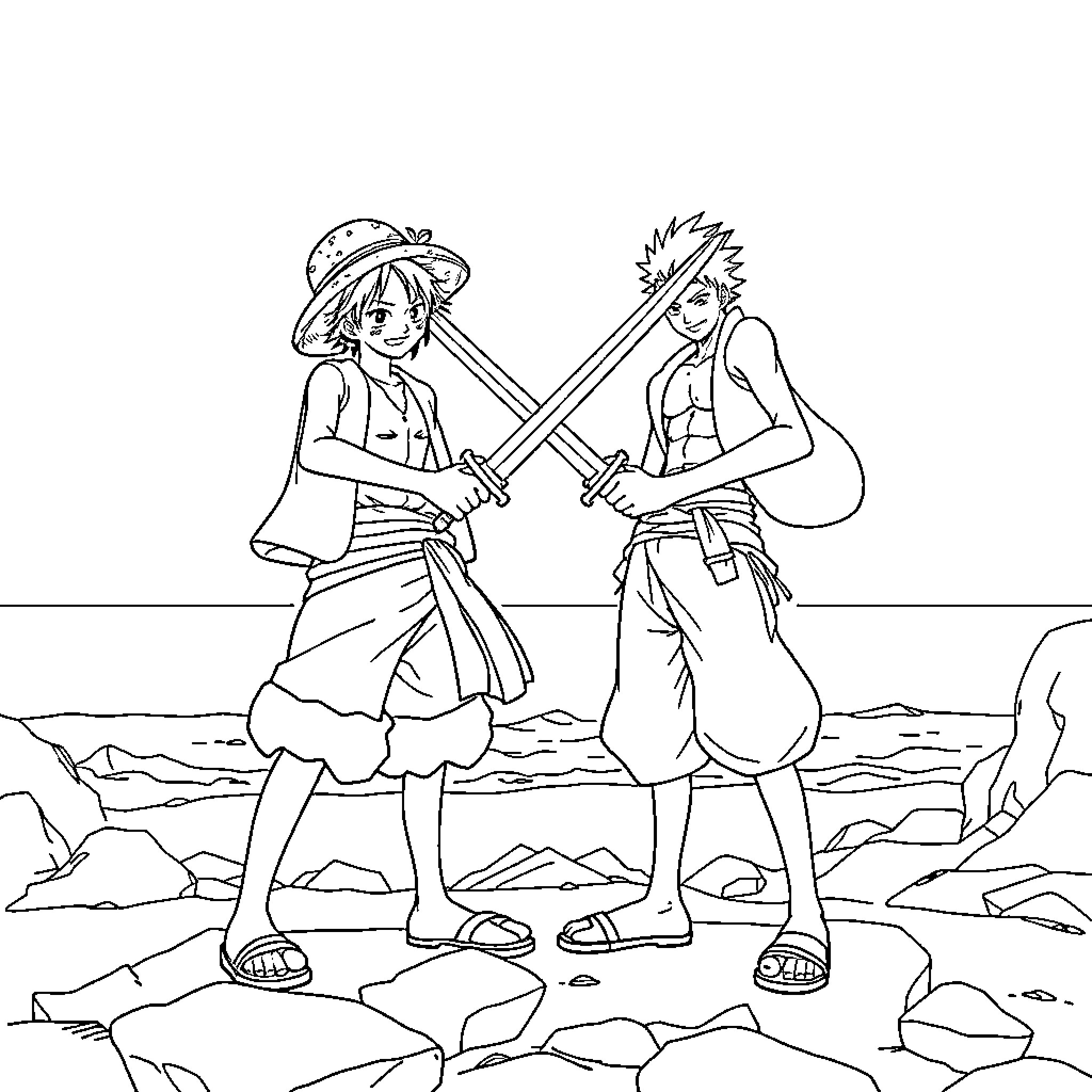 Luffy and Zoro's Friendly Swordfight Coloring Page (free black-and-white line drawing printable PDF for all, from beginners to advanced learners, including children, teens, adults, and seniors)