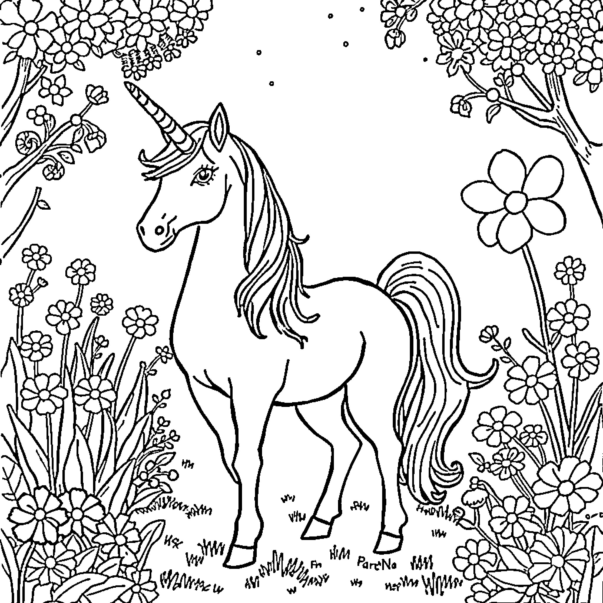 Unicorn in a Flowery Meadow Coloring Page (free black-and-white line drawing printable PDF for all, from beginners to advanced learners, including children, teens, adults, and seniors)
