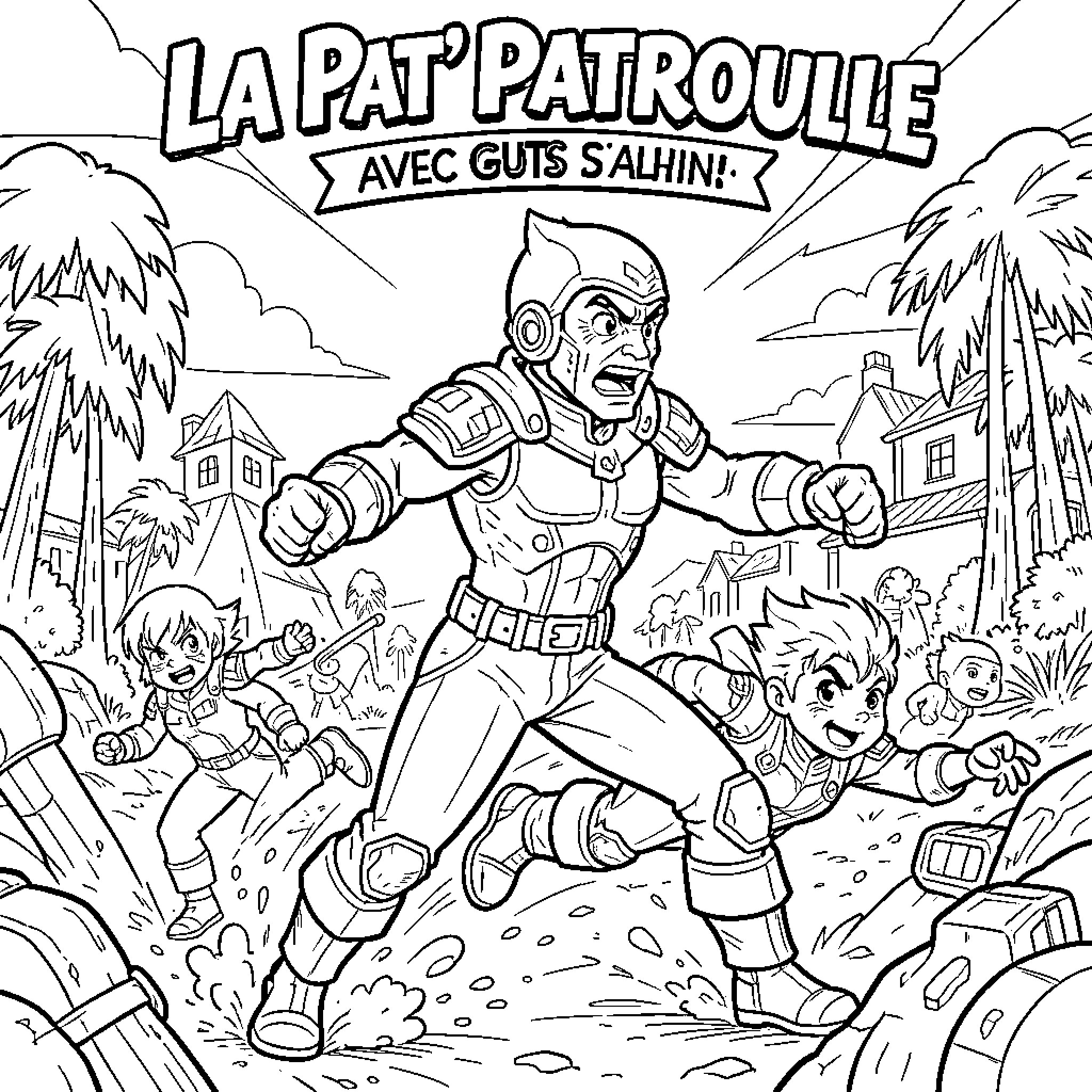 Patrouille of heroic characters in an action scene Coloring Page (free black-and-white line drawing printable PDF for all, from beginners to advanced learners, including children, teens, adults, and seniors)