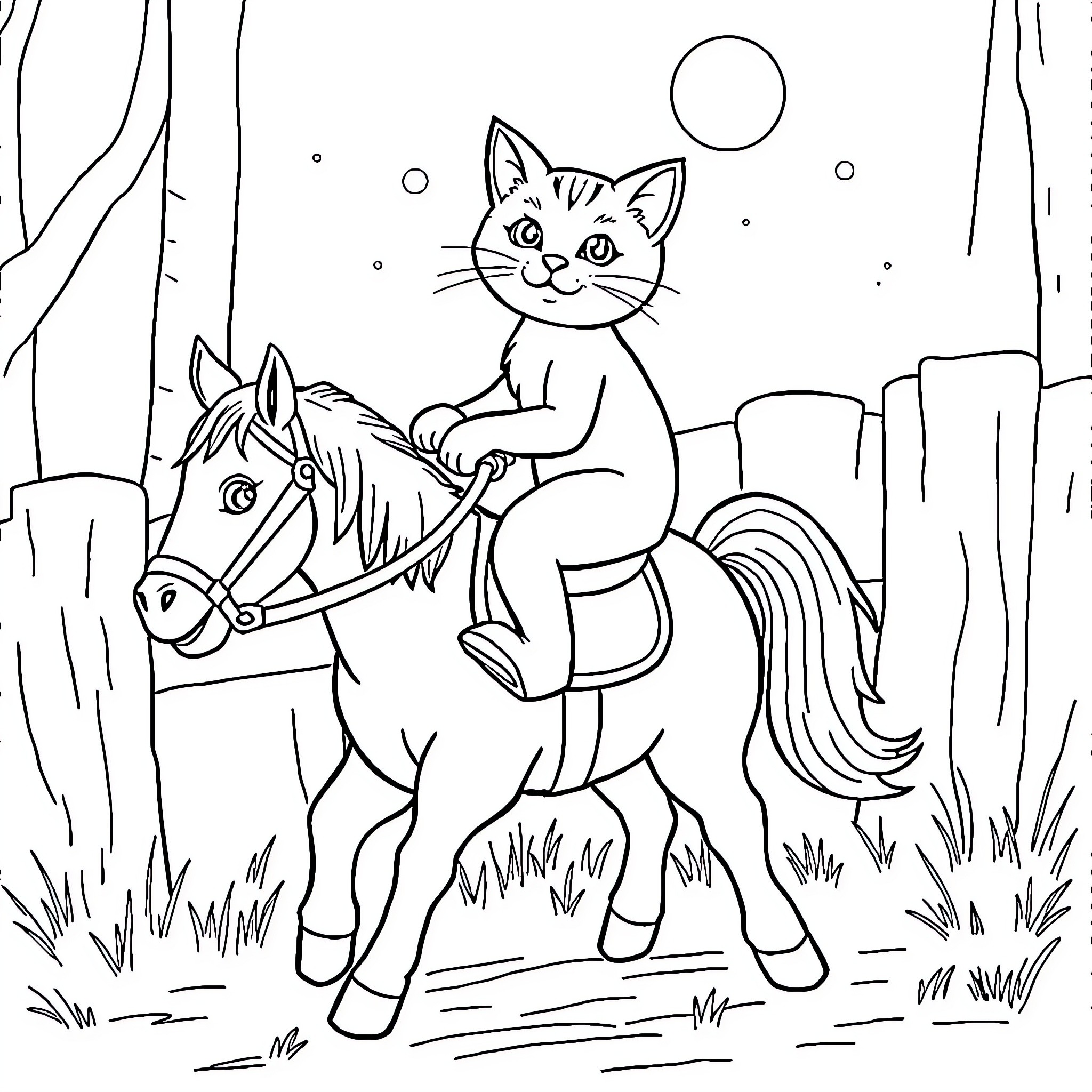 Cat riding playfully on a horse Coloring Page (free black-and-white line drawing printable PDF for all, from beginners to advanced learners, including children, teens, adults, and seniors)