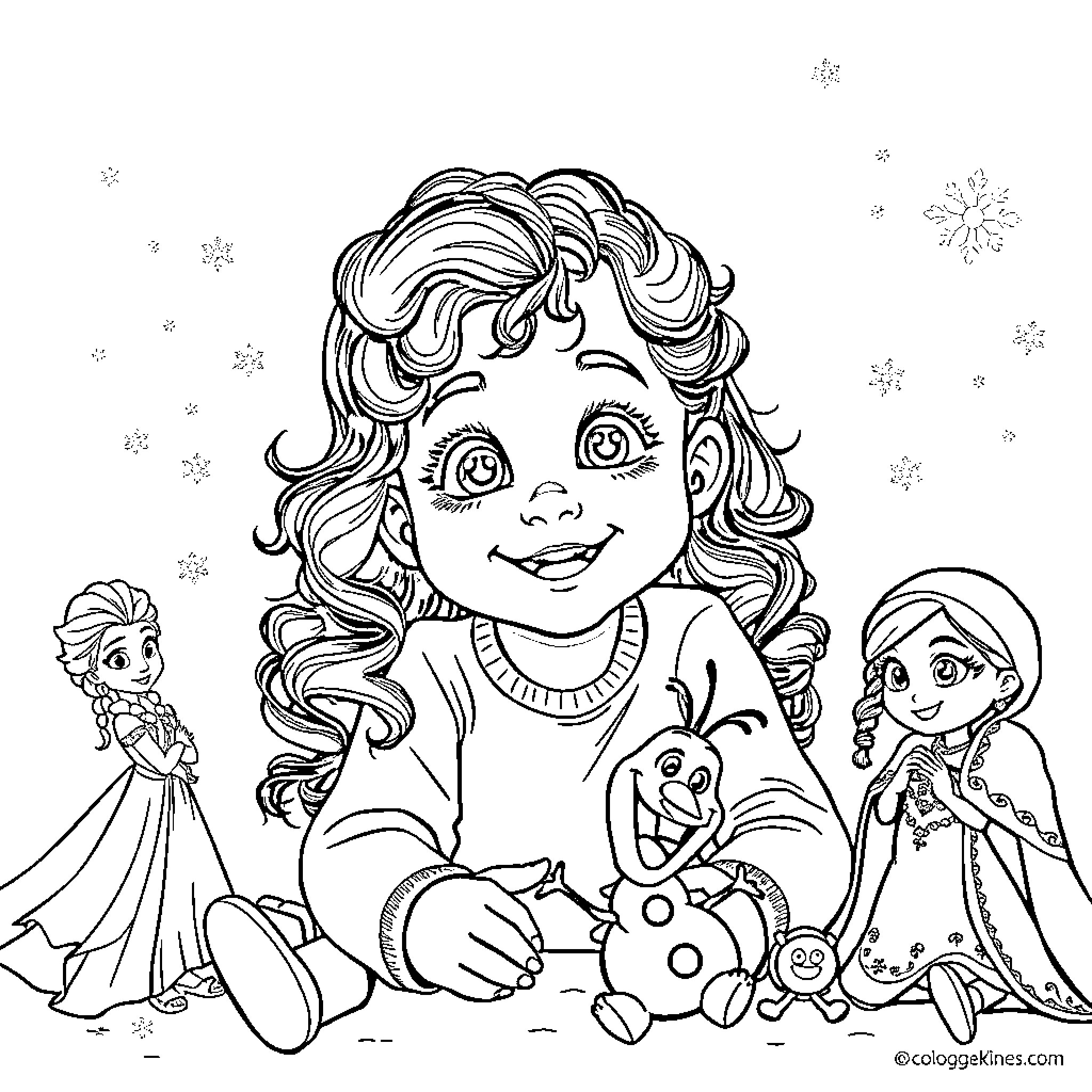 Georgina's Enchanted Playtime with Frozen Friends Coloring Page (free black-and-white line drawing printable PDF for all, from beginners to advanced learners, including children, teens, adults, and seniors)