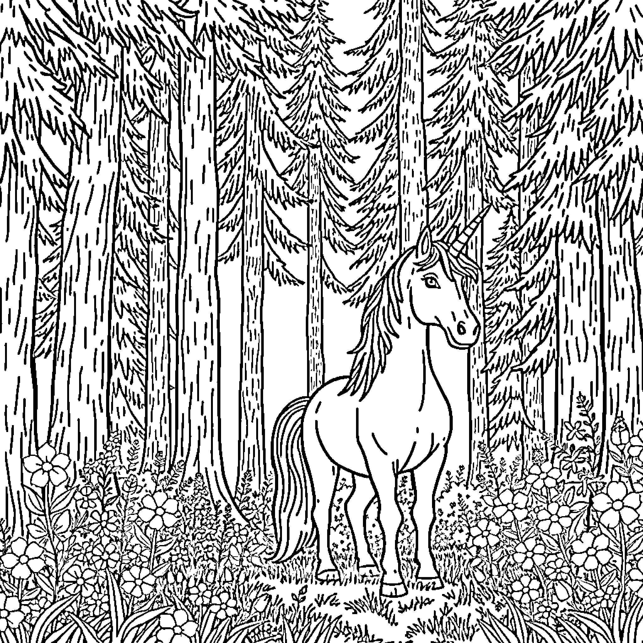 Unicorn walking gracefully through the enchanted forest Coloring Page (free black-and-white line drawing printable PDF for all, from beginners to advanced learners, including children, teens, adults, and seniors)