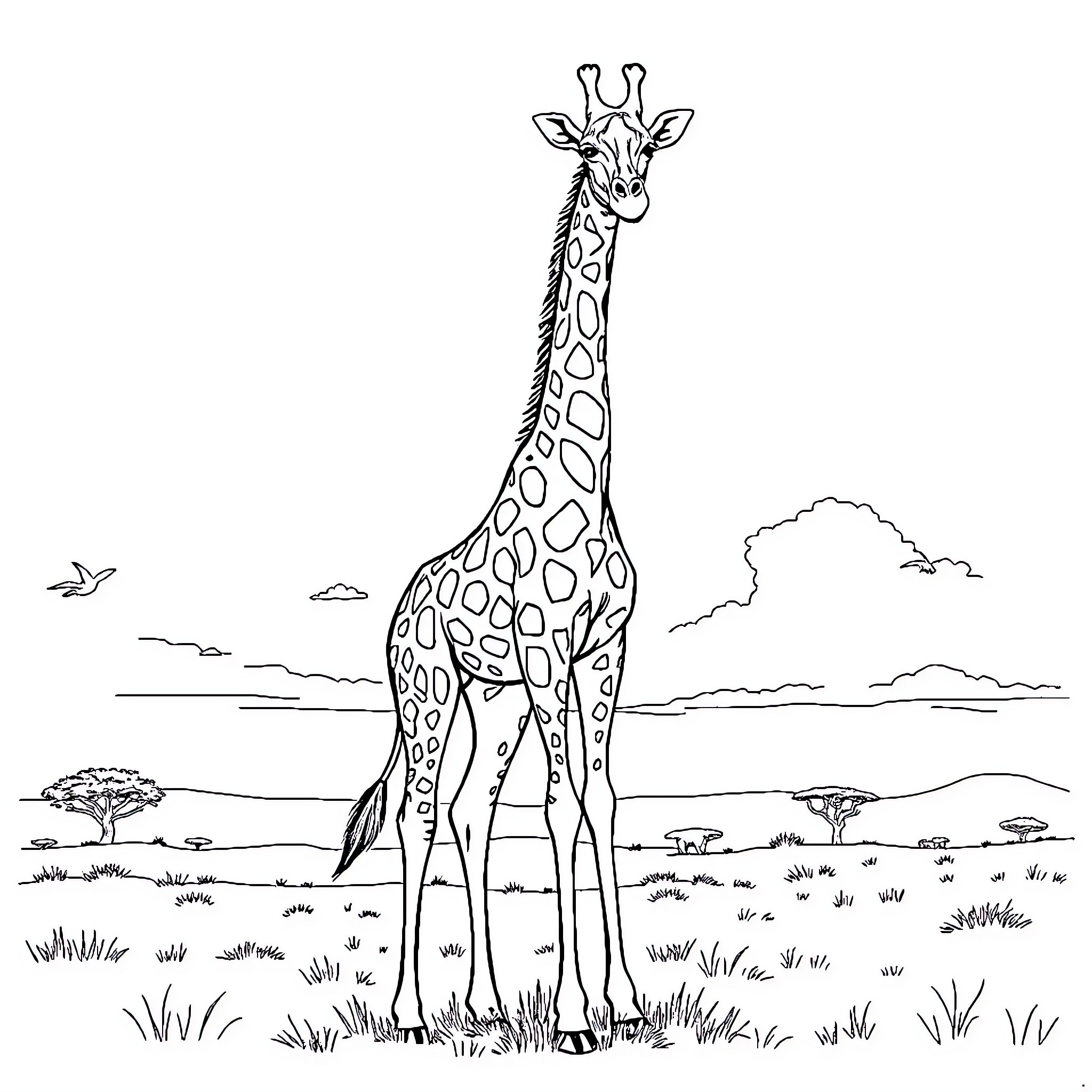 Giraffe standing tall in the savannah Coloring Page (free black-and-white line drawing printable PDF for all, from beginners to advanced learners, including children, teens, adults, and seniors)