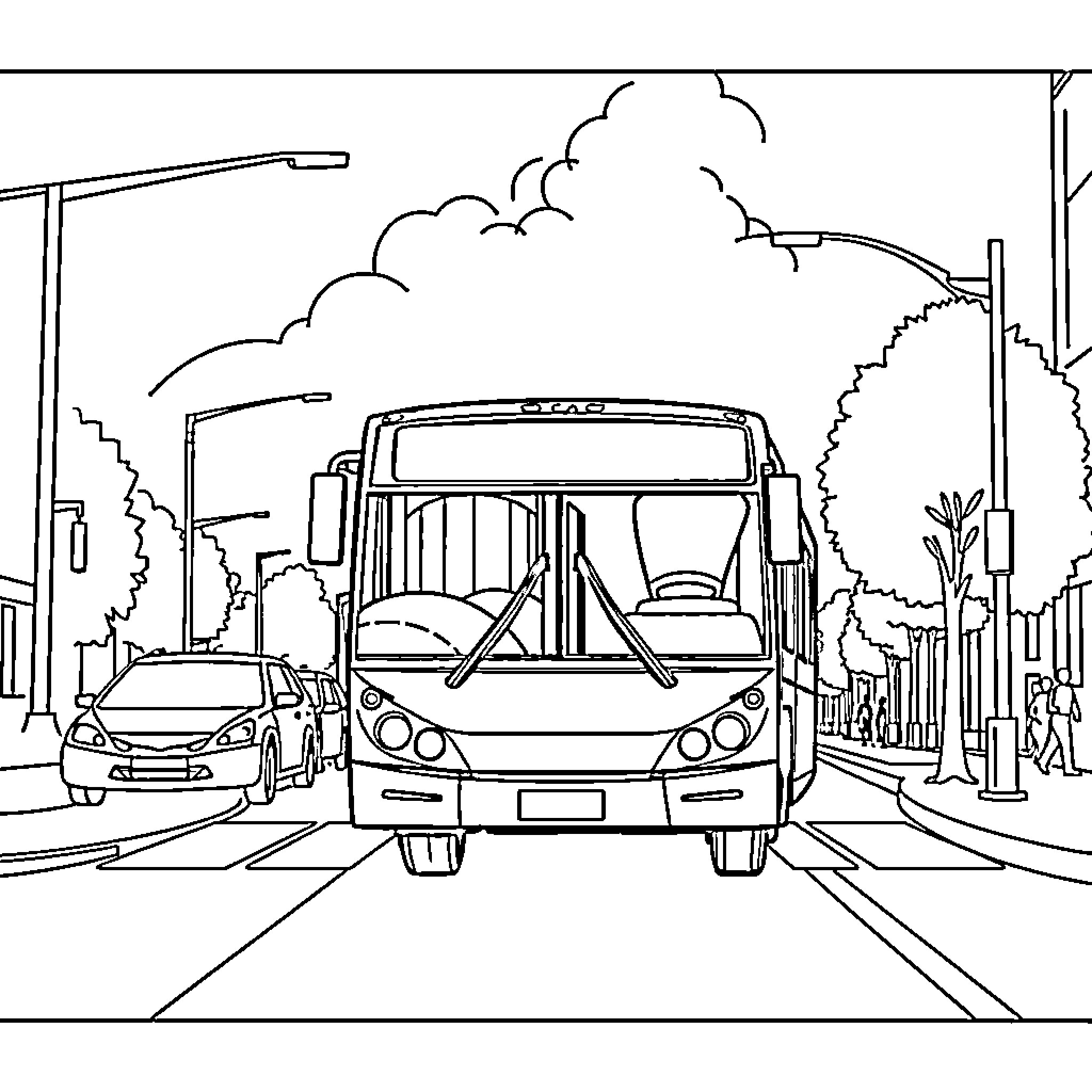 Bus driving down city street with people and buildings Coloring Page (free black-and-white line drawing printable PDF for all, from beginners to advanced learners, including children, teens, adults, and seniors)