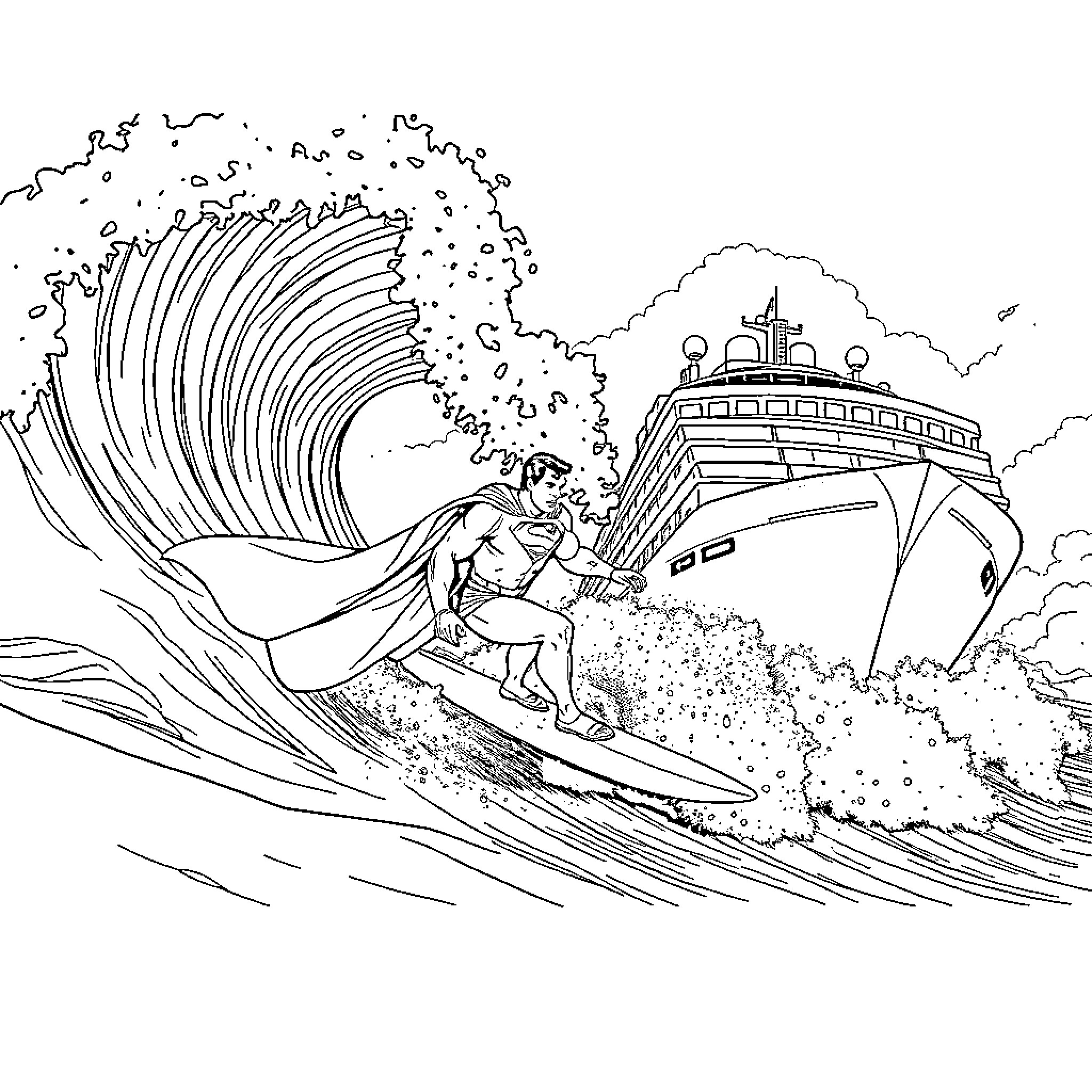 Superman surfing through massive wave Coloring Page (free black-and-white line drawing printable PDF for all, from beginners to advanced learners, including children, teens, adults, and seniors)