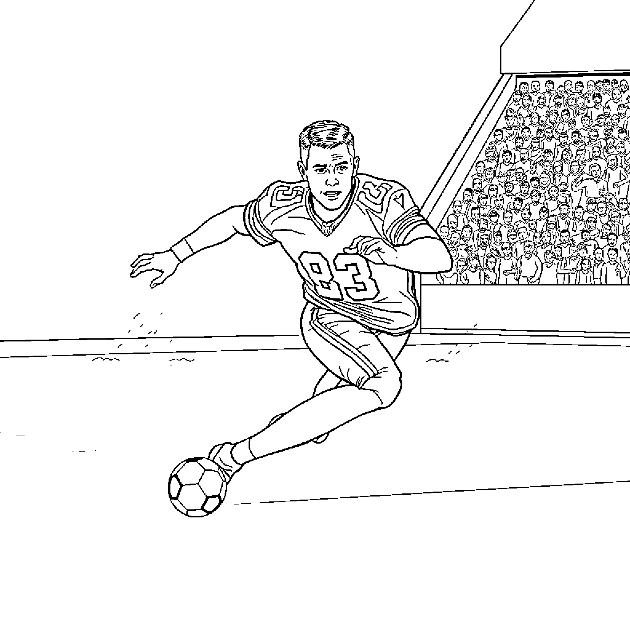 John Cena Tackles Soccer Ball on the Field Coloring Page (free black-and-white line drawing printable PDF for all, from beginners to advanced learners, including children, teens, adults, and seniors)