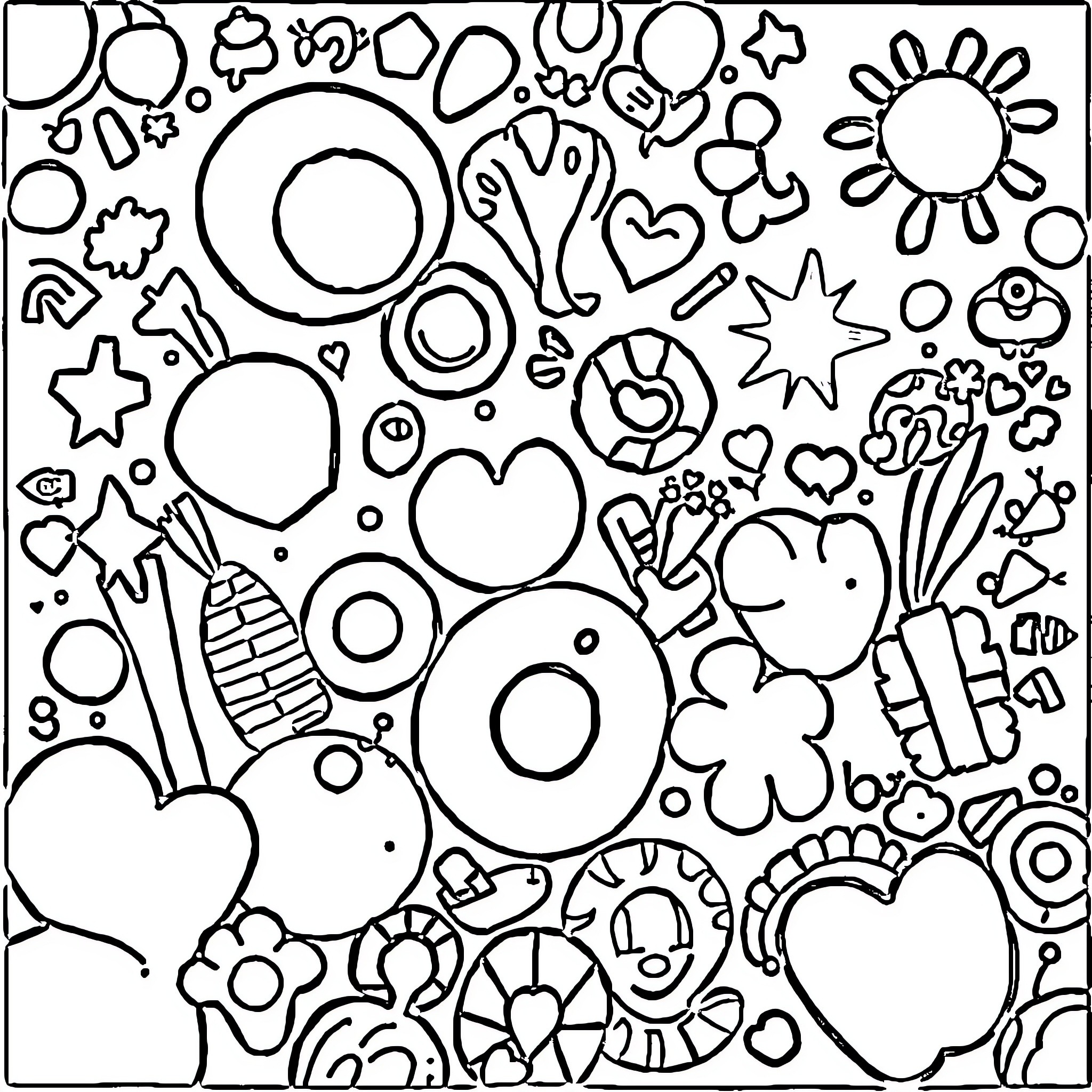 Doodle of Whimsical Shapes and Symbols Coloring Page (free black-and-white line drawing printable PDF for all, from beginners to advanced learners, including children, teens, adults, and seniors)