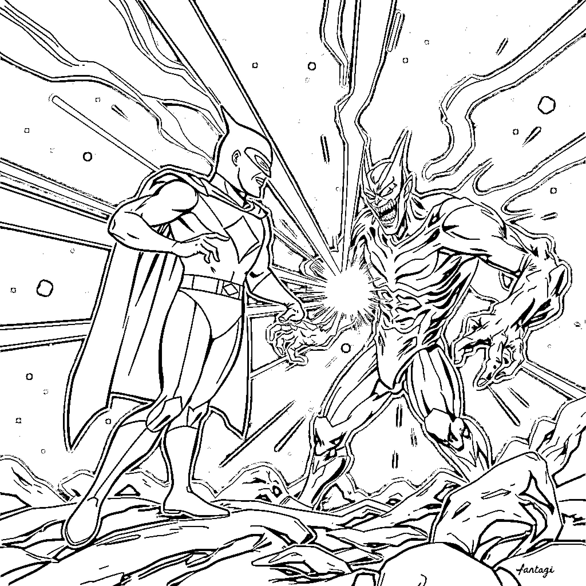 Space Ghost battles a monstrous foe in epic showdown Coloring Page (free black-and-white line drawing printable PDF for all, from beginners to advanced learners, including children, teens, adults, and seniors)