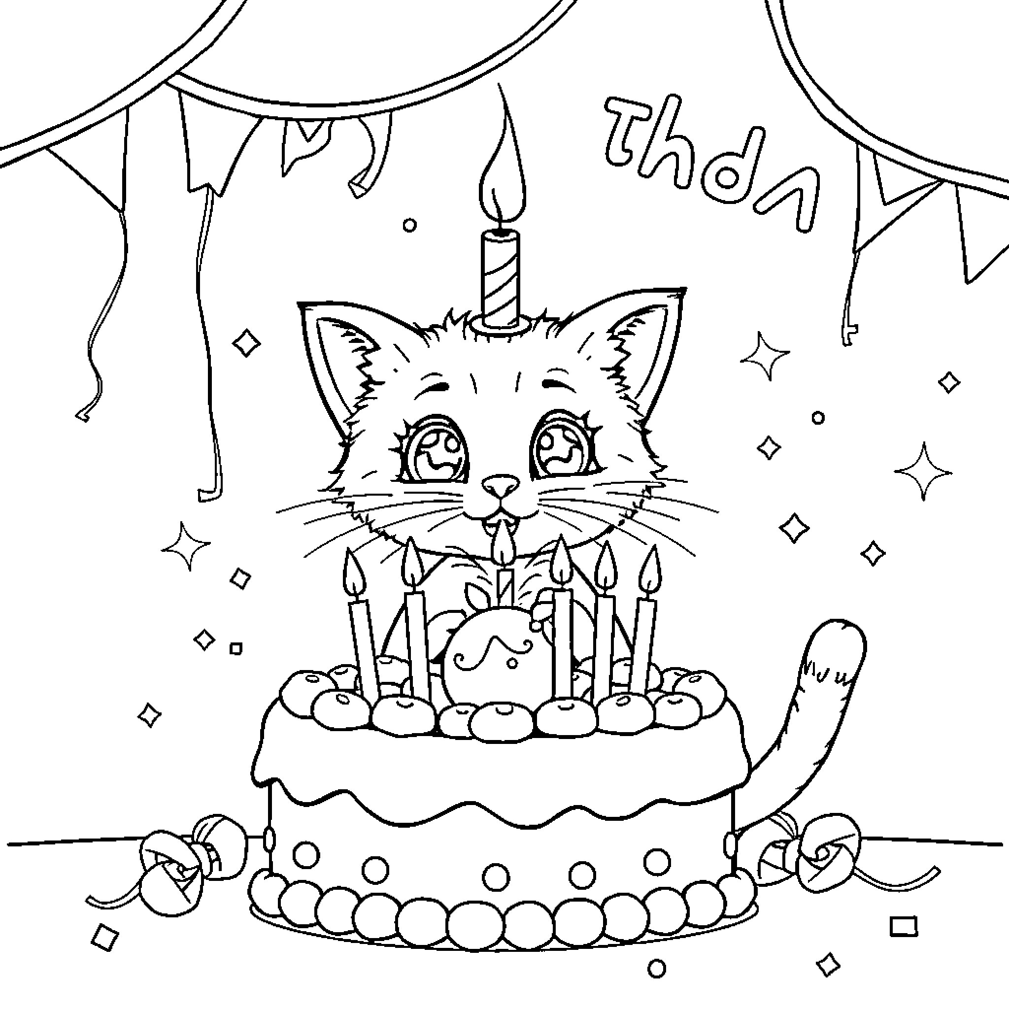 Cat celebrating birthday with cake and candles Coloring Page (free black-and-white line drawing printable PDF for all, from beginners to advanced learners, including children, teens, adults, and seniors)