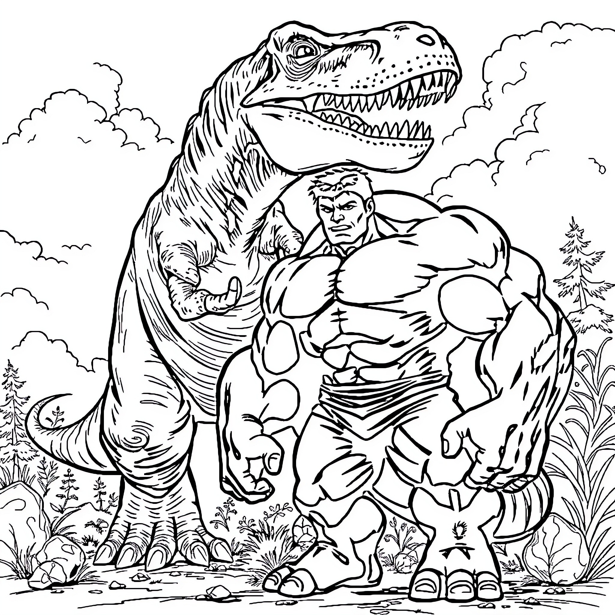 Hulk battling a ferocious dinosaur in the wilderness Coloring Page (free black-and-white line drawing printable PDF for all, from beginners to advanced learners, including children, teens, adults, and seniors)