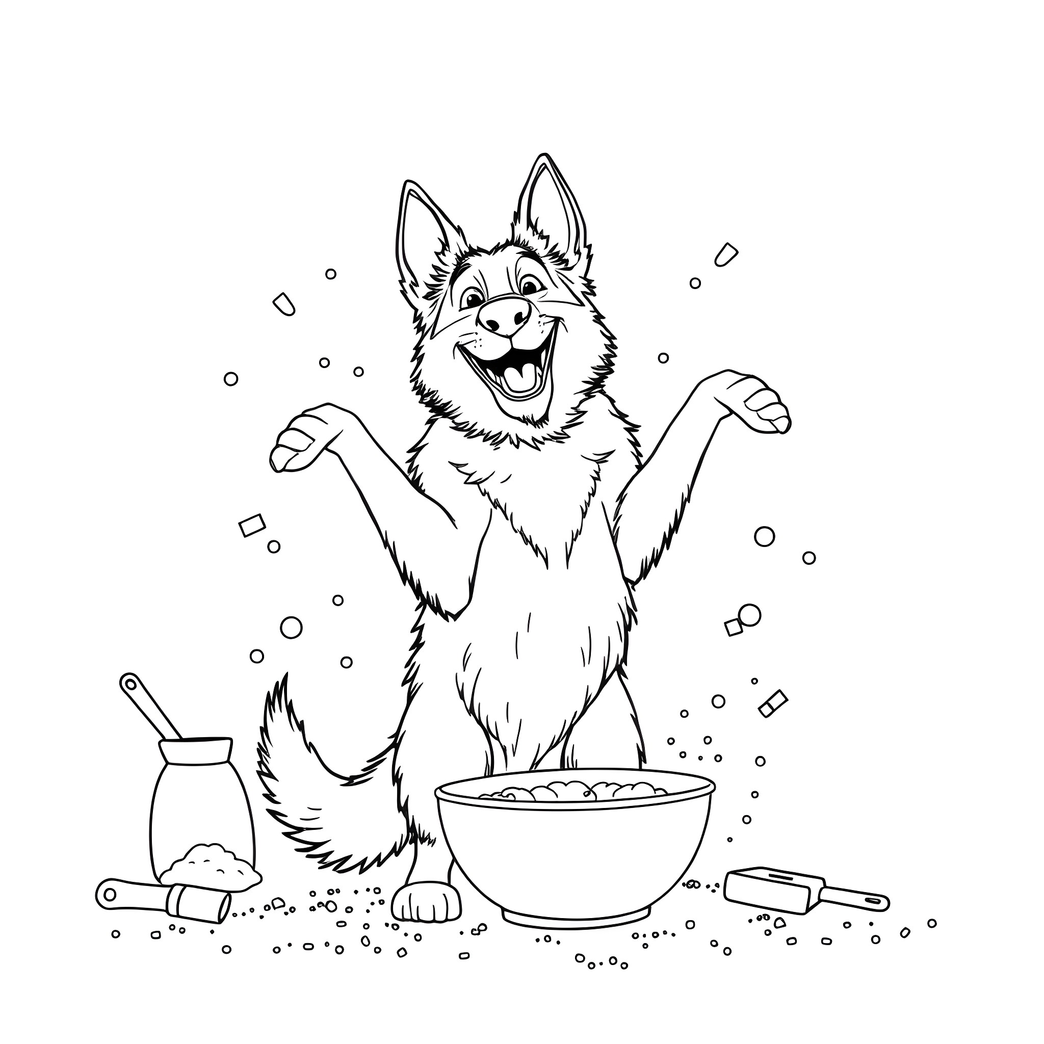 German Shepherd enjoying a meal with enthusiasm Coloring Page (free black-and-white line drawing printable PDF for all, from beginners to advanced learners, including children, teens, adults, and seniors)