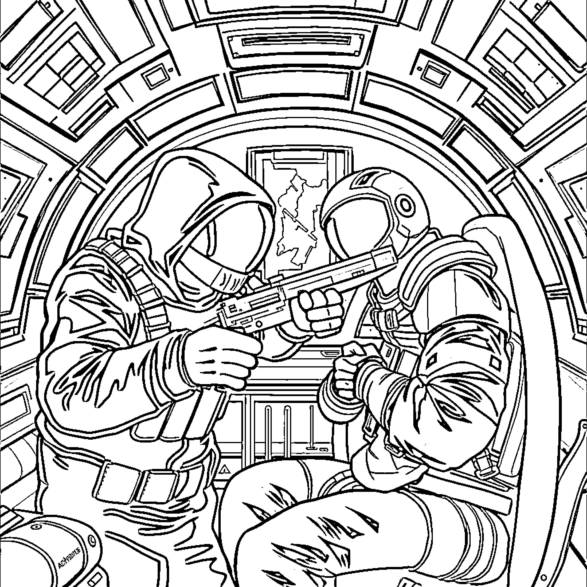 Among Us Crewmates in Tense Space Battle Coloring Page (free black-and-white line drawing printable PDF for all, from beginners to advanced learners, including children, teens, adults, and seniors)