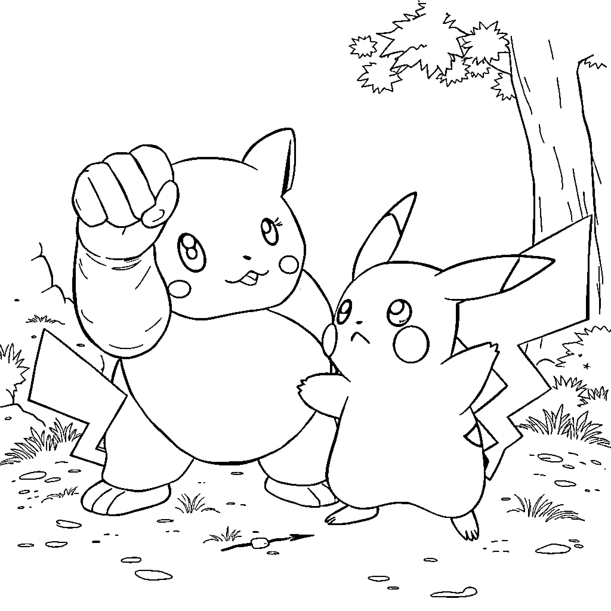 Pikachu and friends having a playful adventure Coloring Page (free black-and-white line drawing printable PDF for all, from beginners to advanced learners, including children, teens, adults, and seniors)