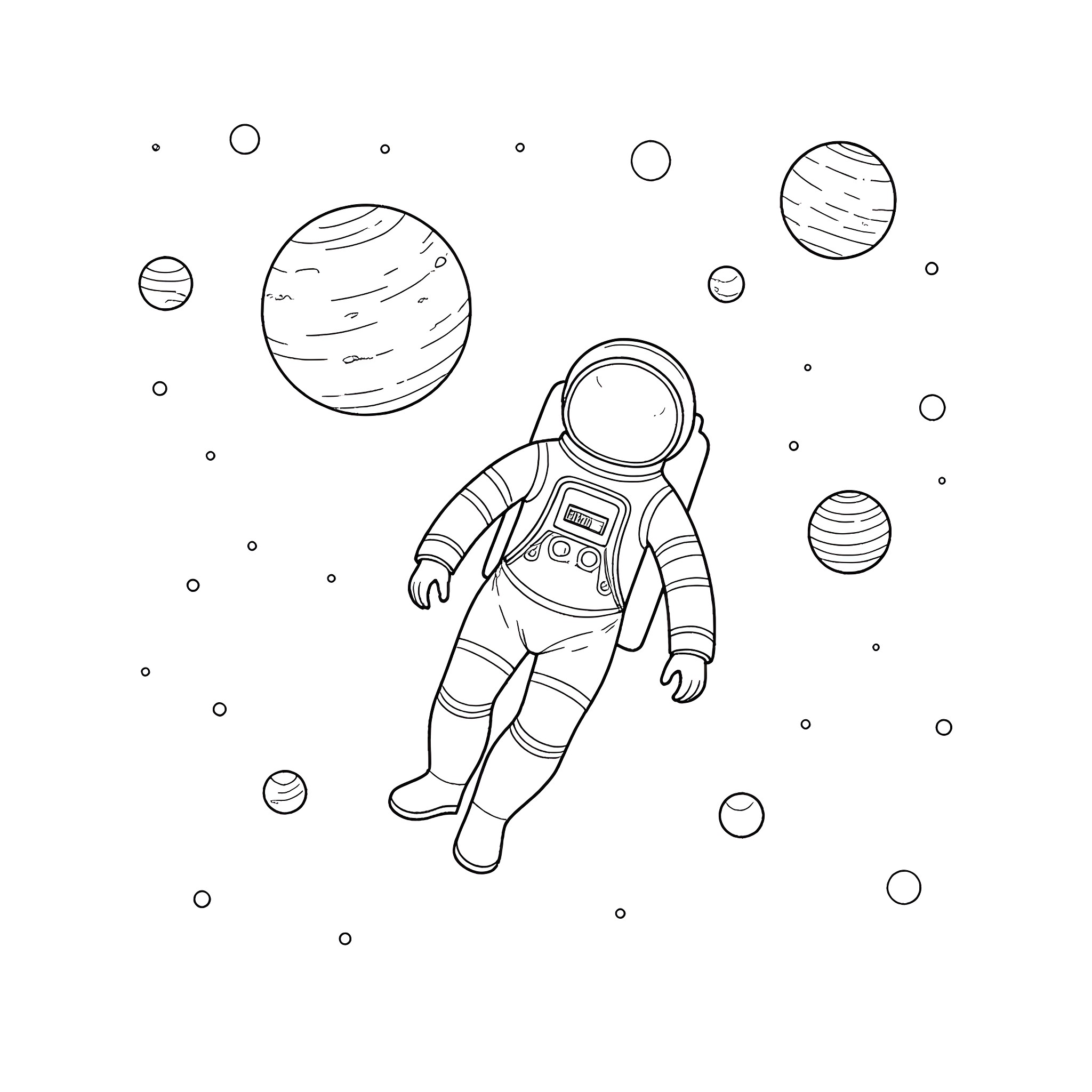 Astronaut floating in outer space Coloring Page (free black-and-white line drawing printable PDF for all, from beginners to advanced learners, including children, teens, adults, and seniors)