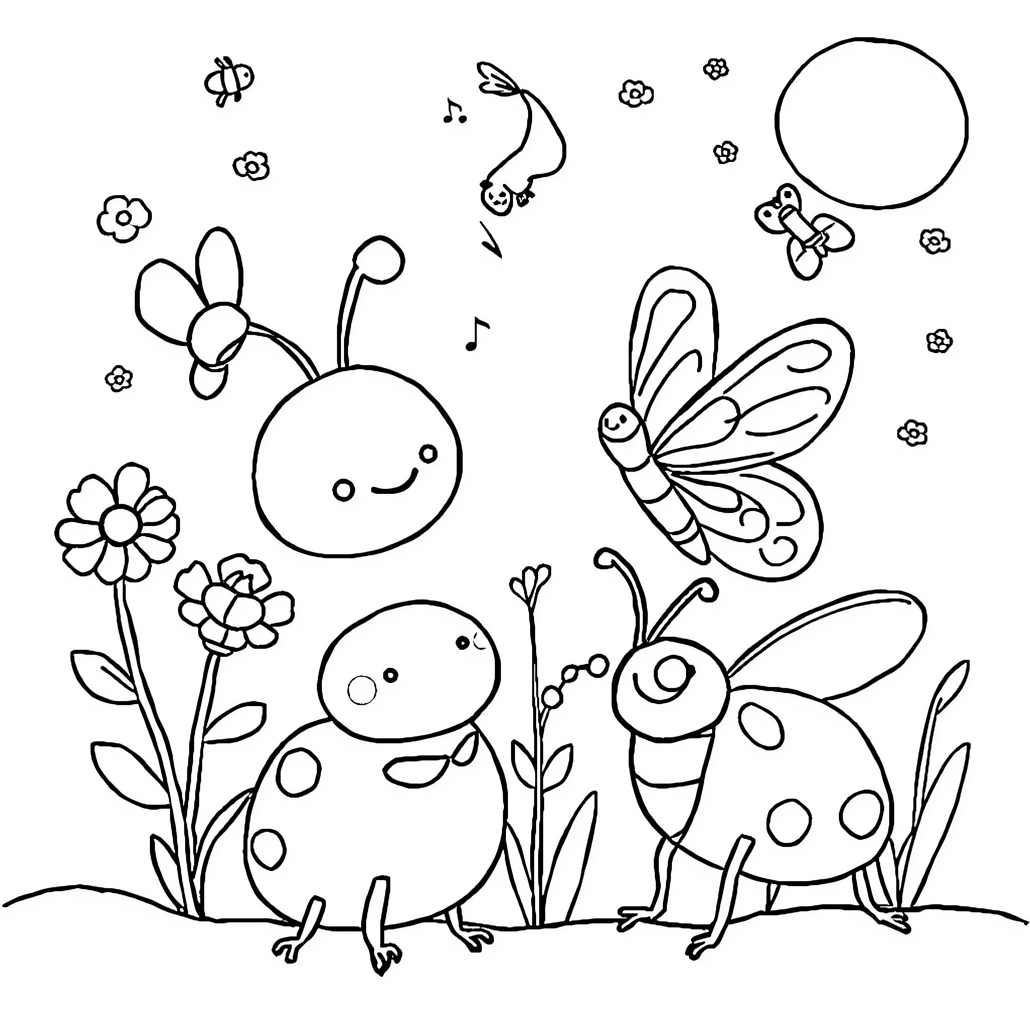 Animal characters playing in the garden Coloring Page (free black-and-white line drawing printable PDF for all, from beginners to advanced learners, including children, teens, adults, and seniors)