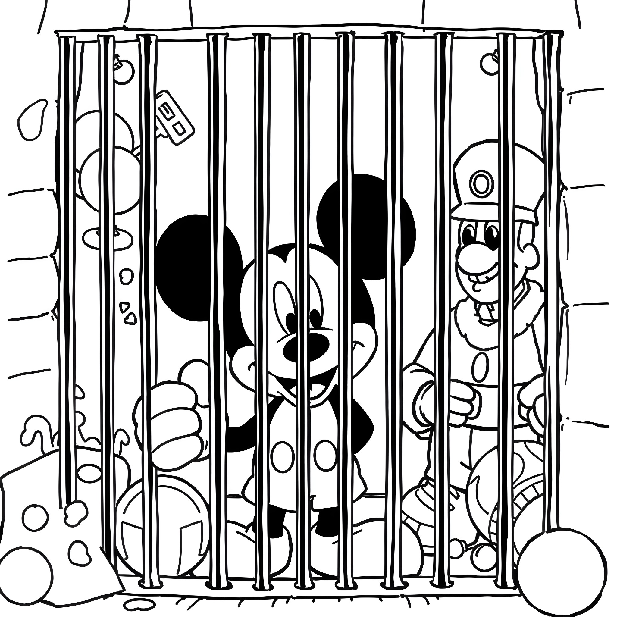 Mickey Mouse behind bars in a playful scene Coloring Page (free black-and-white line drawing printable PDF for all, from beginners to advanced learners, including children, teens, adults, and seniors)