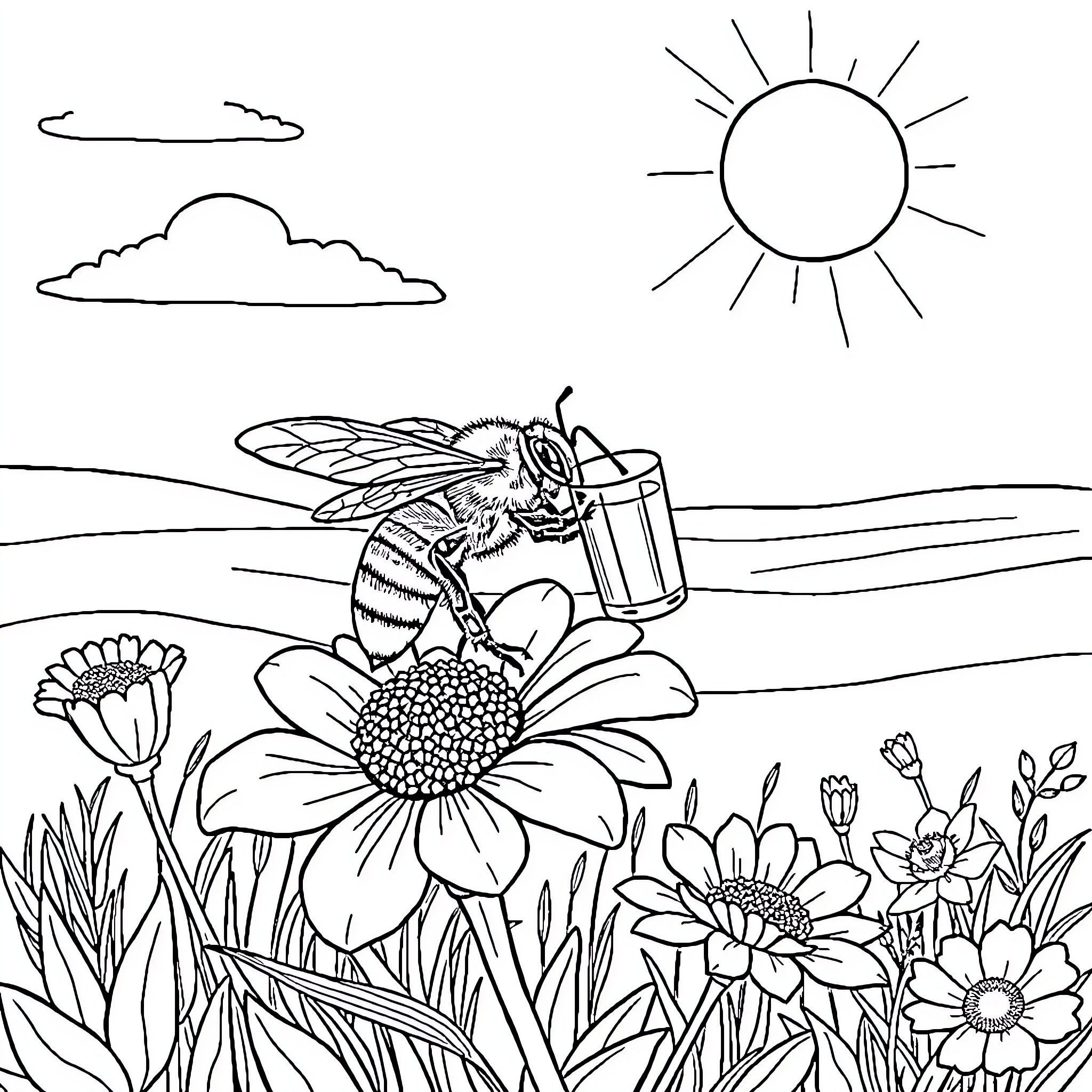 Honeybee collecting nectar from a flower in a field Coloring Page (free black-and-white line drawing printable PDF for all, from beginners to advanced learners, including children, teens, adults, and seniors)