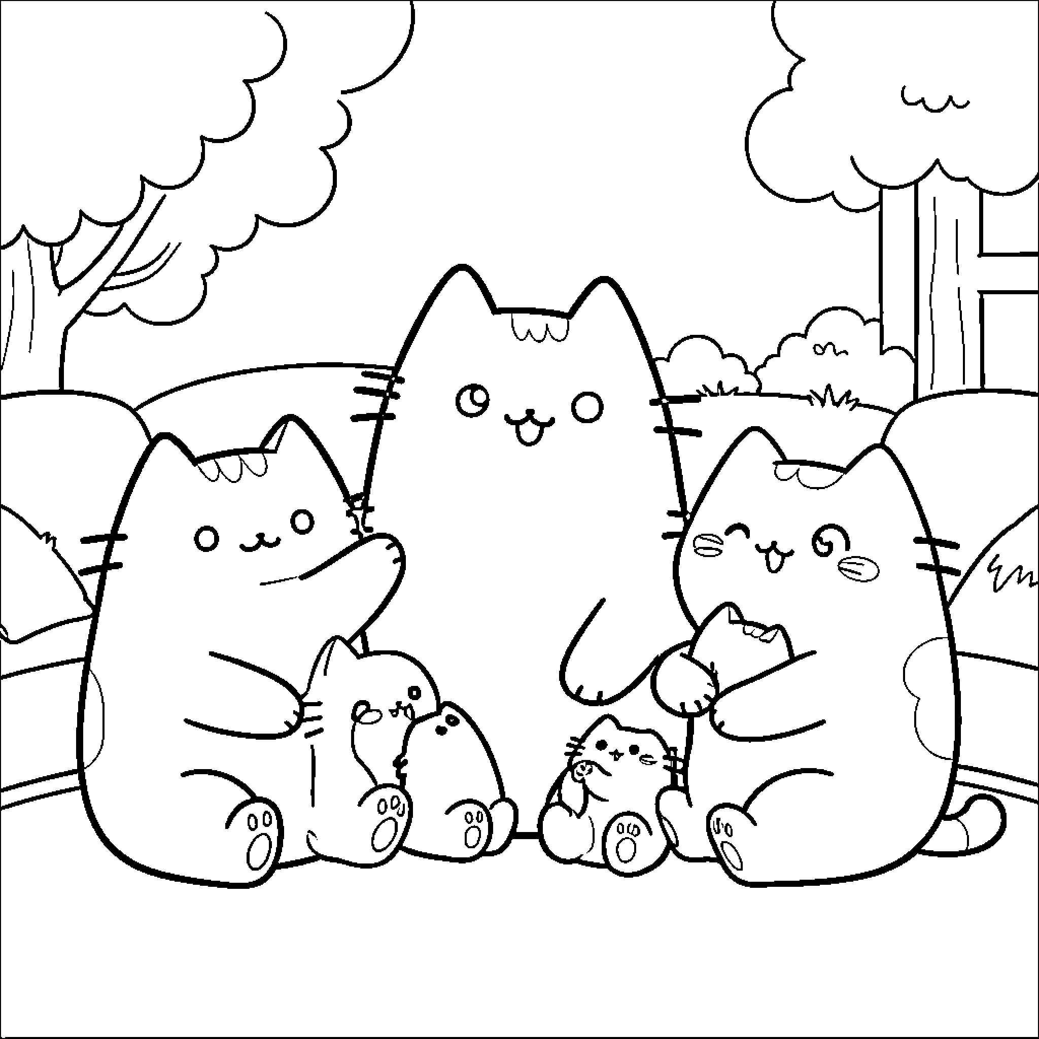 Pusheen cats enjoying a peaceful forest scene Coloring Page (free black-and-white line drawing printable PDF for all, from beginners to advanced learners, including children, teens, adults, and seniors)