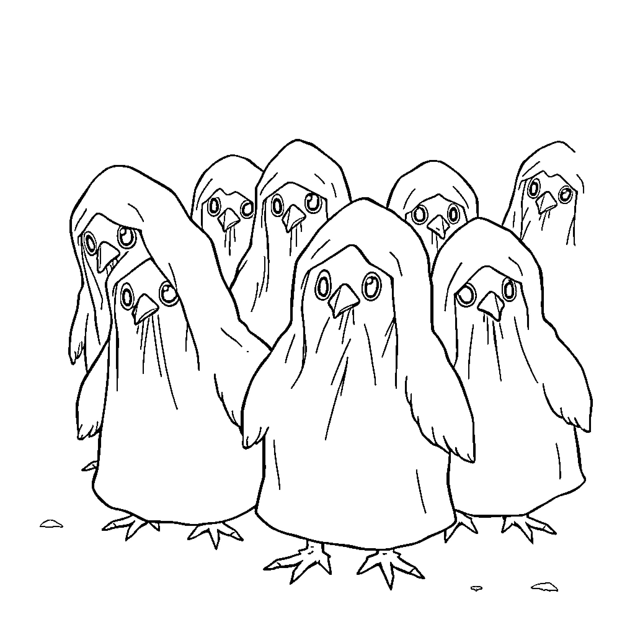 Chicken ghosts gathered in spooky group Coloring Page (free black-and-white line drawing printable PDF for all, from beginners to advanced learners, including children, teens, adults, and seniors)