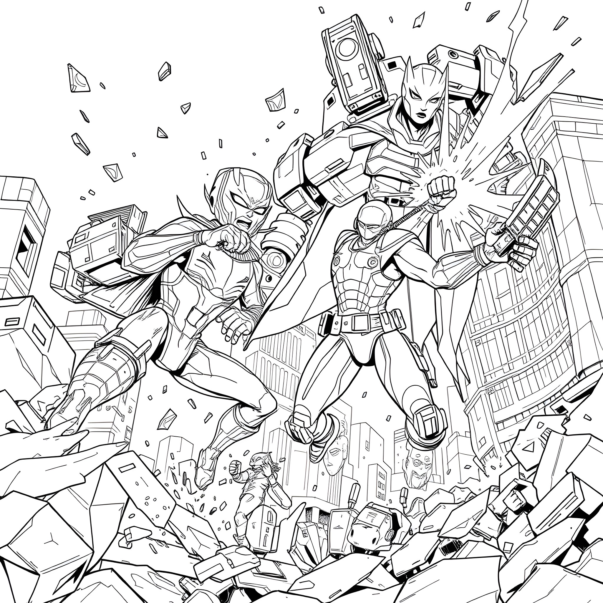 Rogue Heroes in Explosive Battle Coloring Page (free black-and-white line drawing printable PDF for all, from beginners to advanced learners, including children, teens, adults, and seniors)