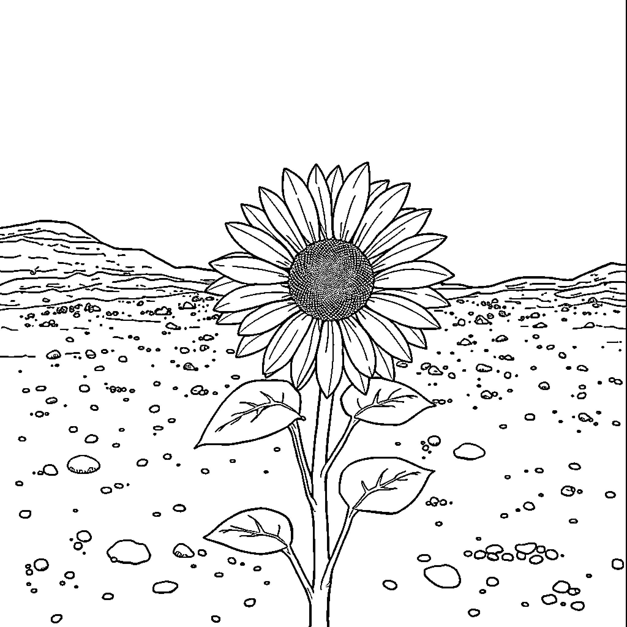 Sunflower blooming in a field Coloring Page (free black-and-white line drawing printable PDF for all, from beginners to advanced learners, including children, teens, adults, and seniors)