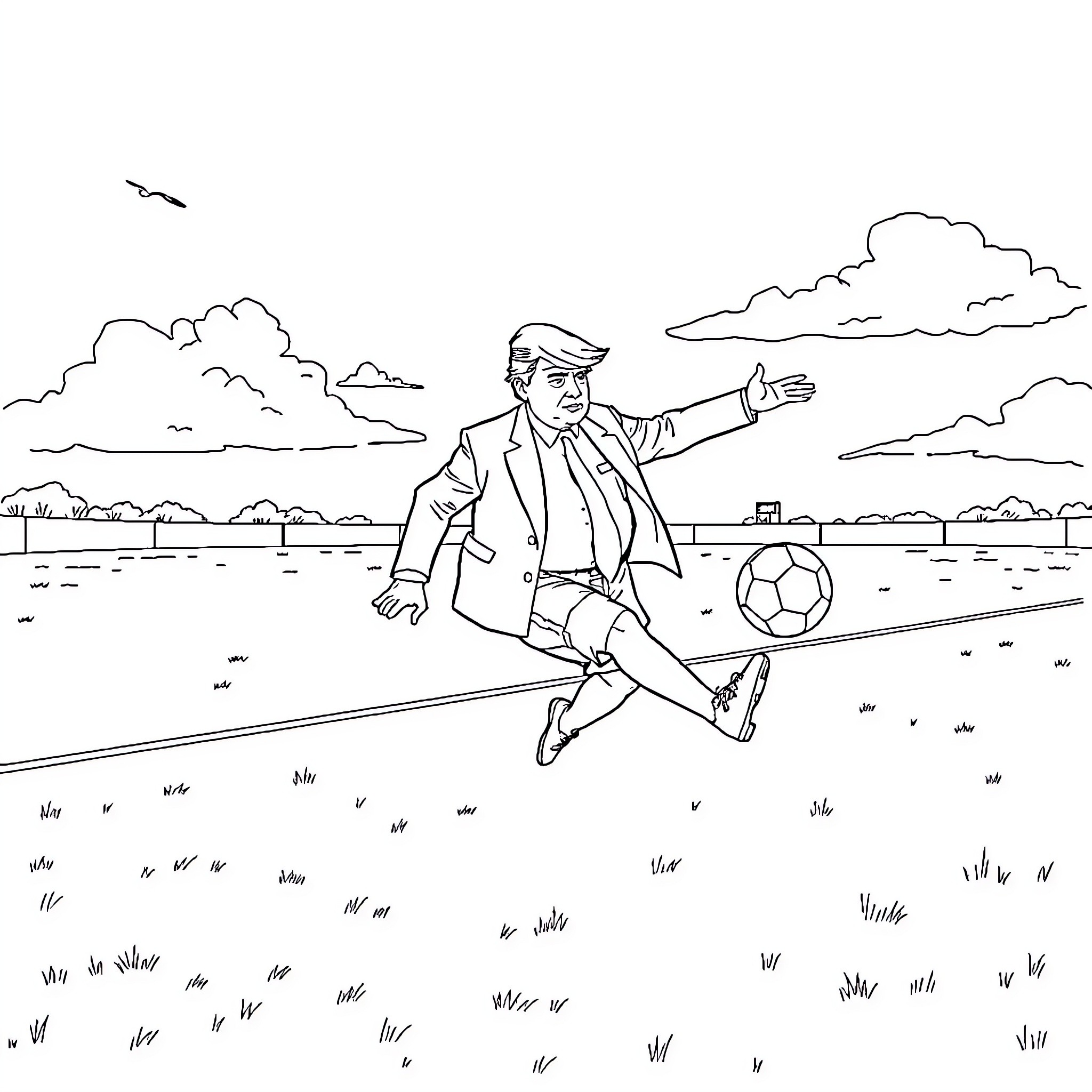 Trump kicking soccer ball on a field Coloring Page (free black-and-white line drawing printable PDF for all, from beginners to advanced learners, including children, teens, adults, and seniors)