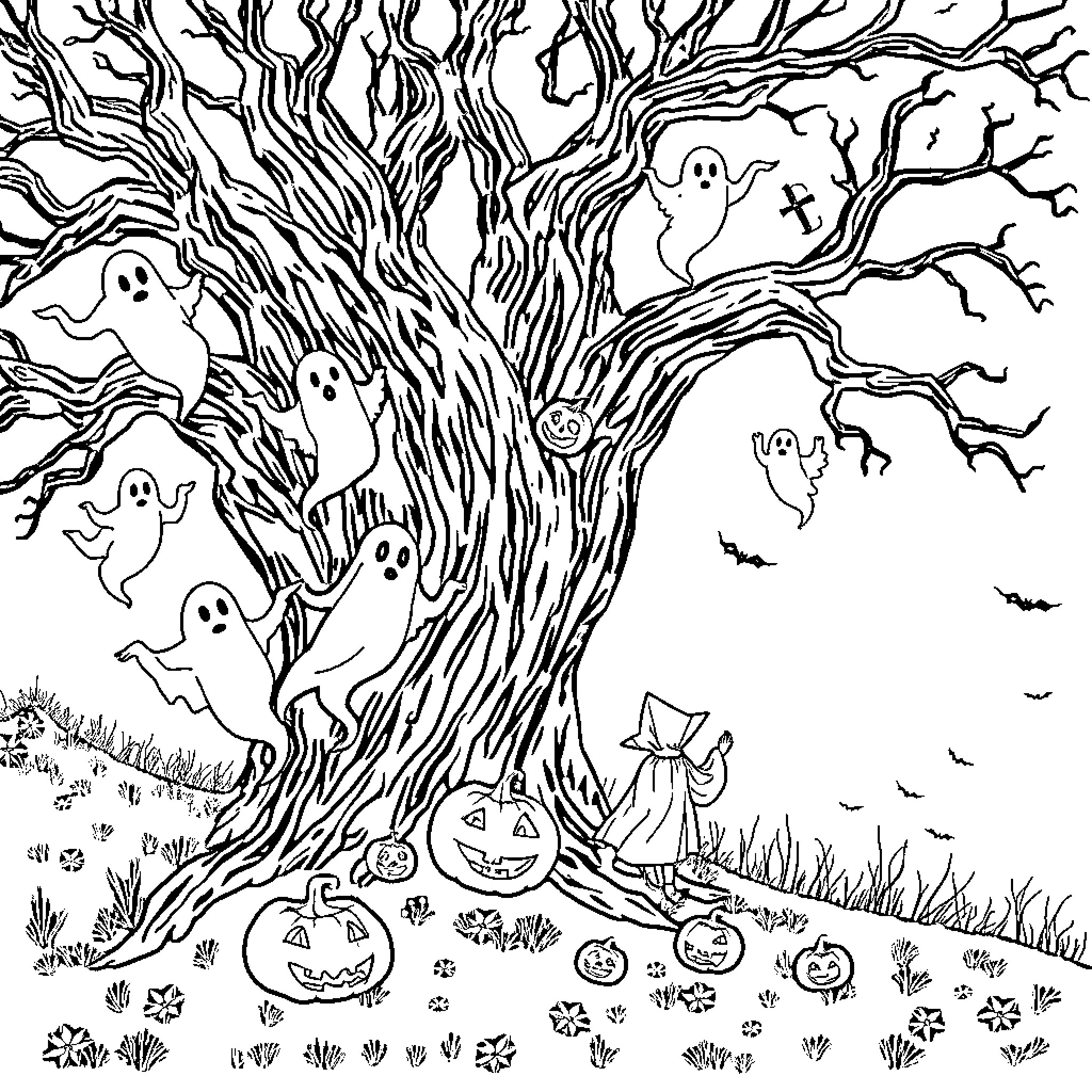 Ghost Gathering in the Haunted Forest Coloring Page (free black-and-white line drawing printable PDF for all, from beginners to advanced learners, including children, teens, adults, and seniors)