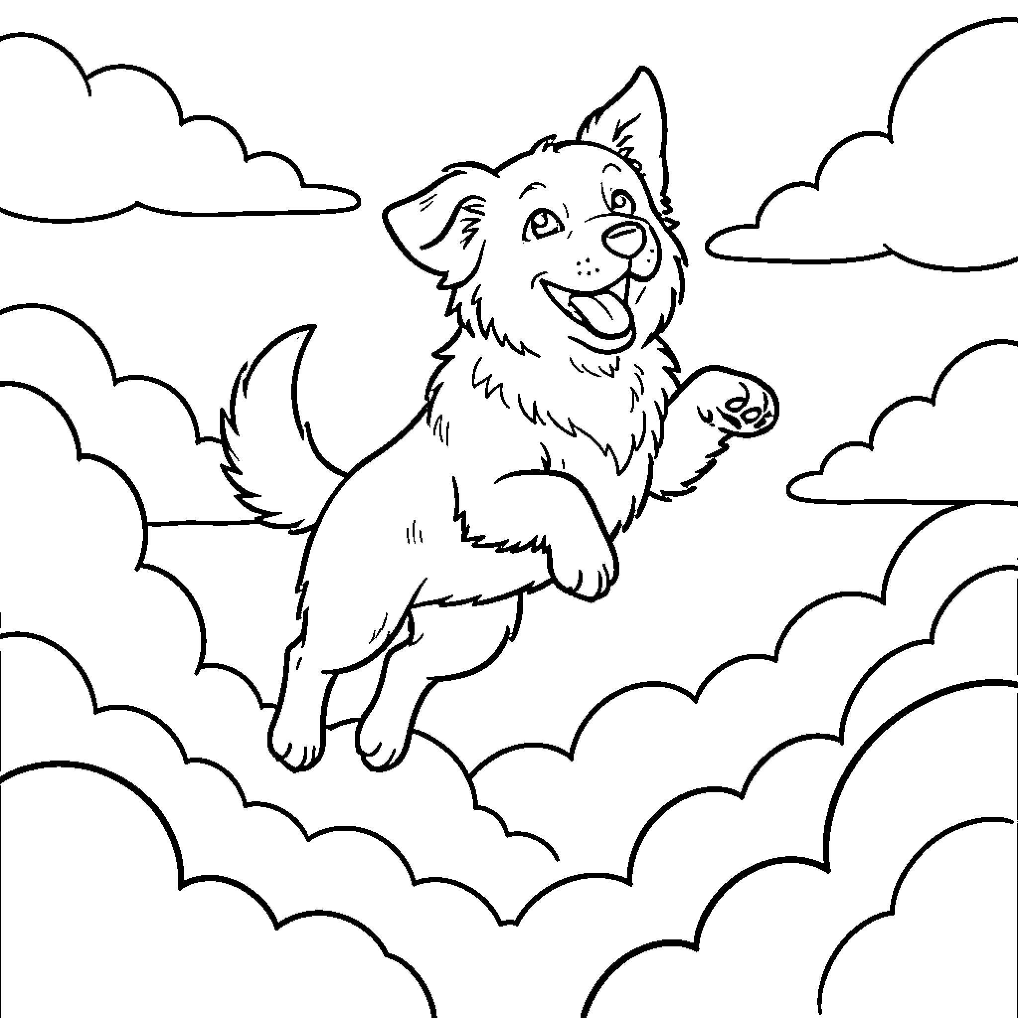 Dog playing happily in the clouds Coloring Page (free black-and-white line drawing printable PDF for all, from beginners to advanced learners, including children, teens, adults, and seniors)