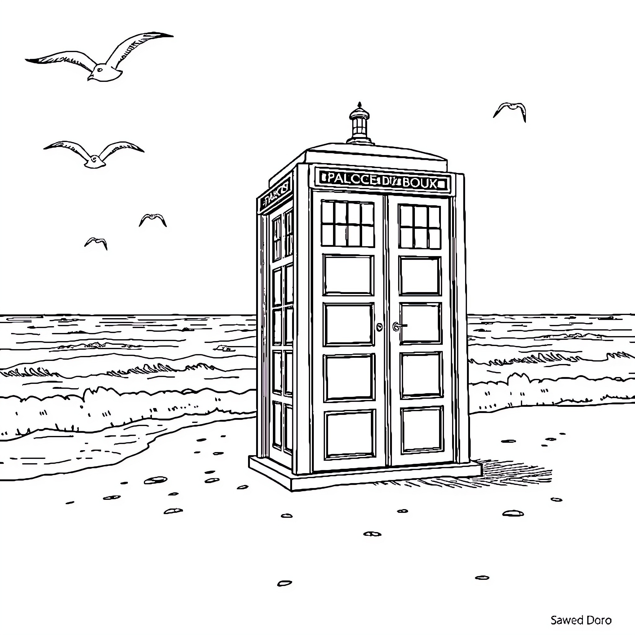 TARDIS overlooking the seaside landscape Coloring Page (free black-and-white line drawing printable PDF for all, from beginners to advanced learners, including children, teens, adults, and seniors)