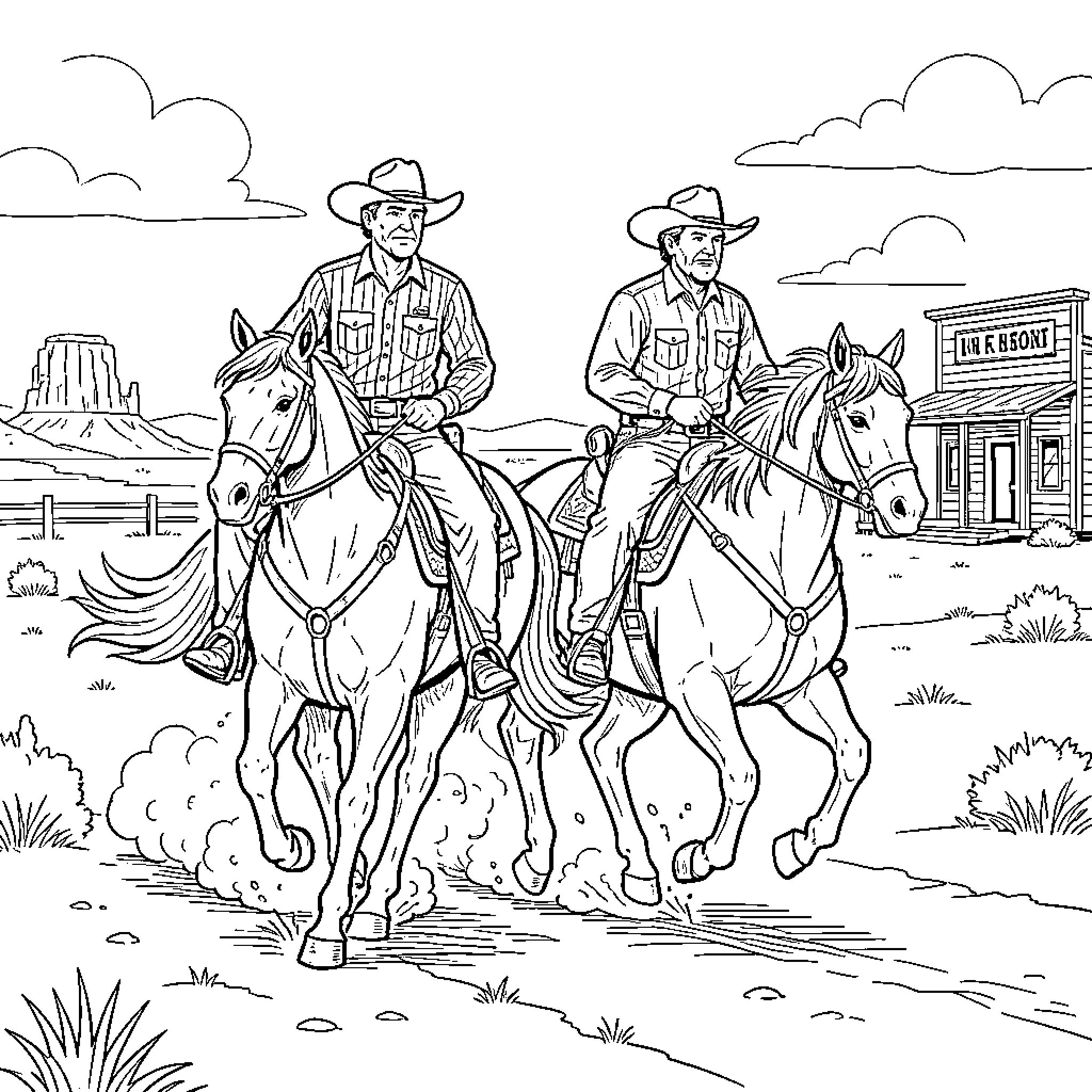 Sheriff and deputy riding horses through a desert landscape Coloring Page (free black-and-white line drawing printable PDF for all, from beginners to advanced learners, including children, teens, adults, and seniors)