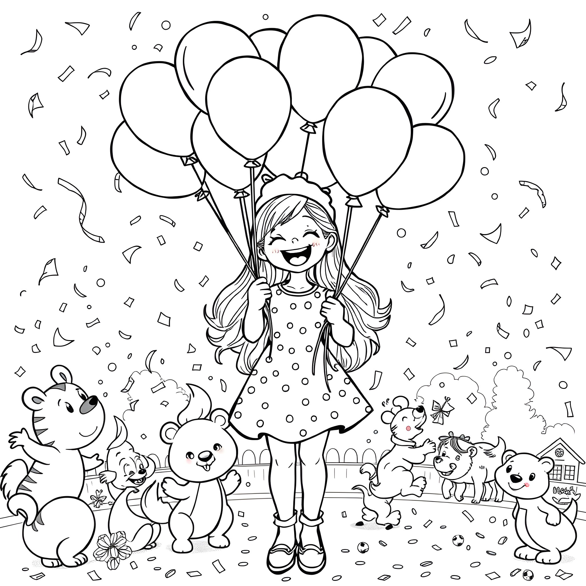 Ms Rachel's Joyful Celebration with Balloons and Pets Coloring Page (free black-and-white line drawing printable PDF for all, from beginners to advanced learners, including children, teens, adults, and seniors)