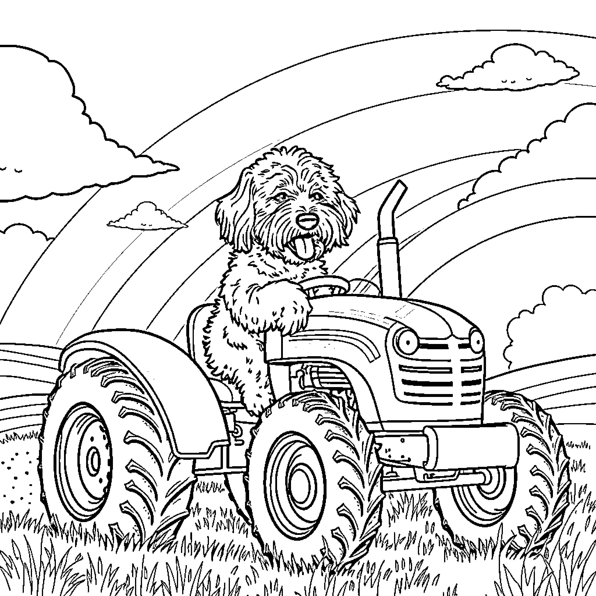 Labradoodle happily driving a tractor in the countryside Coloring Page (free black-and-white line drawing printable PDF for all, from beginners to advanced learners, including children, teens, adults, and seniors)