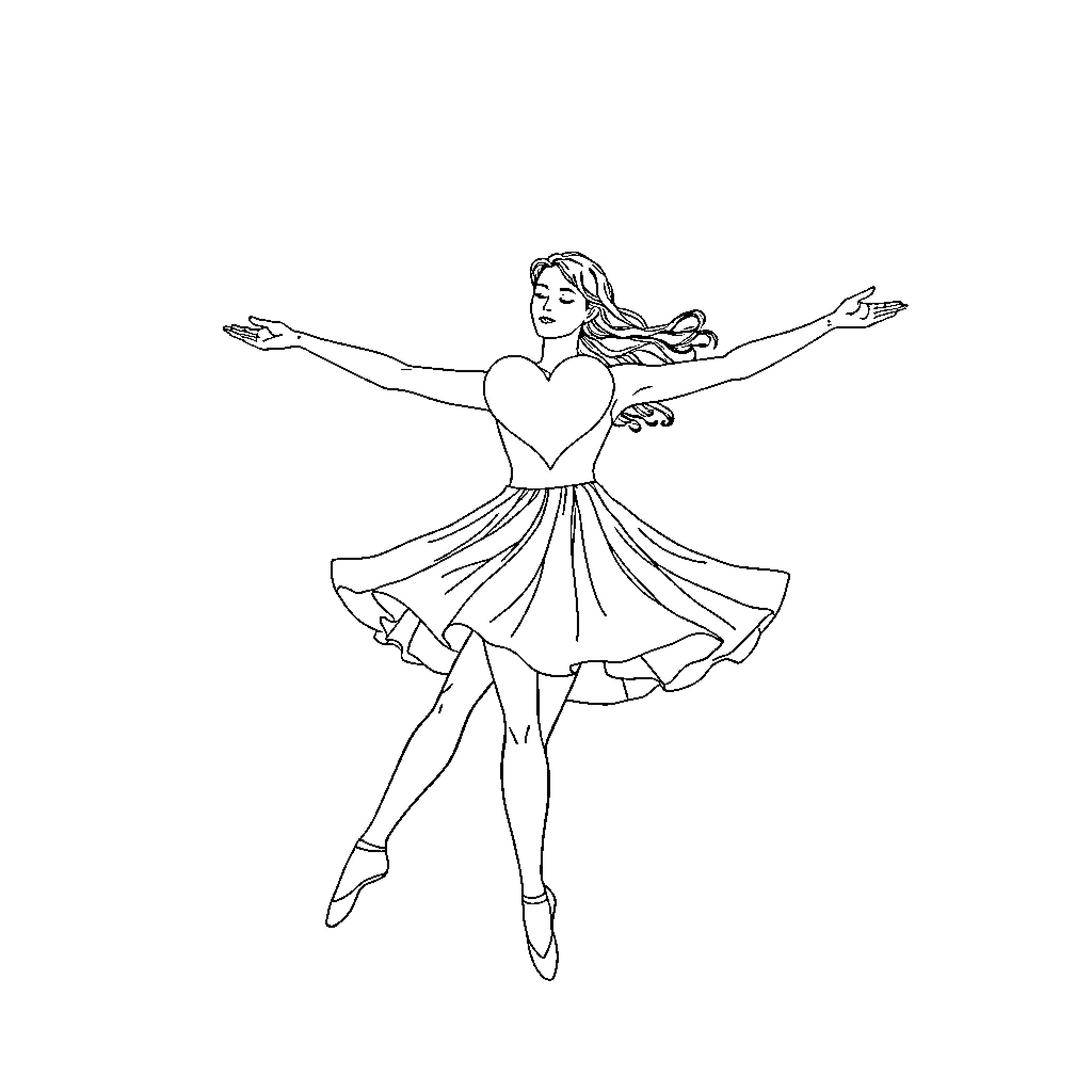 Ballerina gracefully dancing with outstretched arms Coloring Page (free black-and-white line drawing printable PDF for all, from beginners to advanced learners, including children, teens, adults, and seniors)