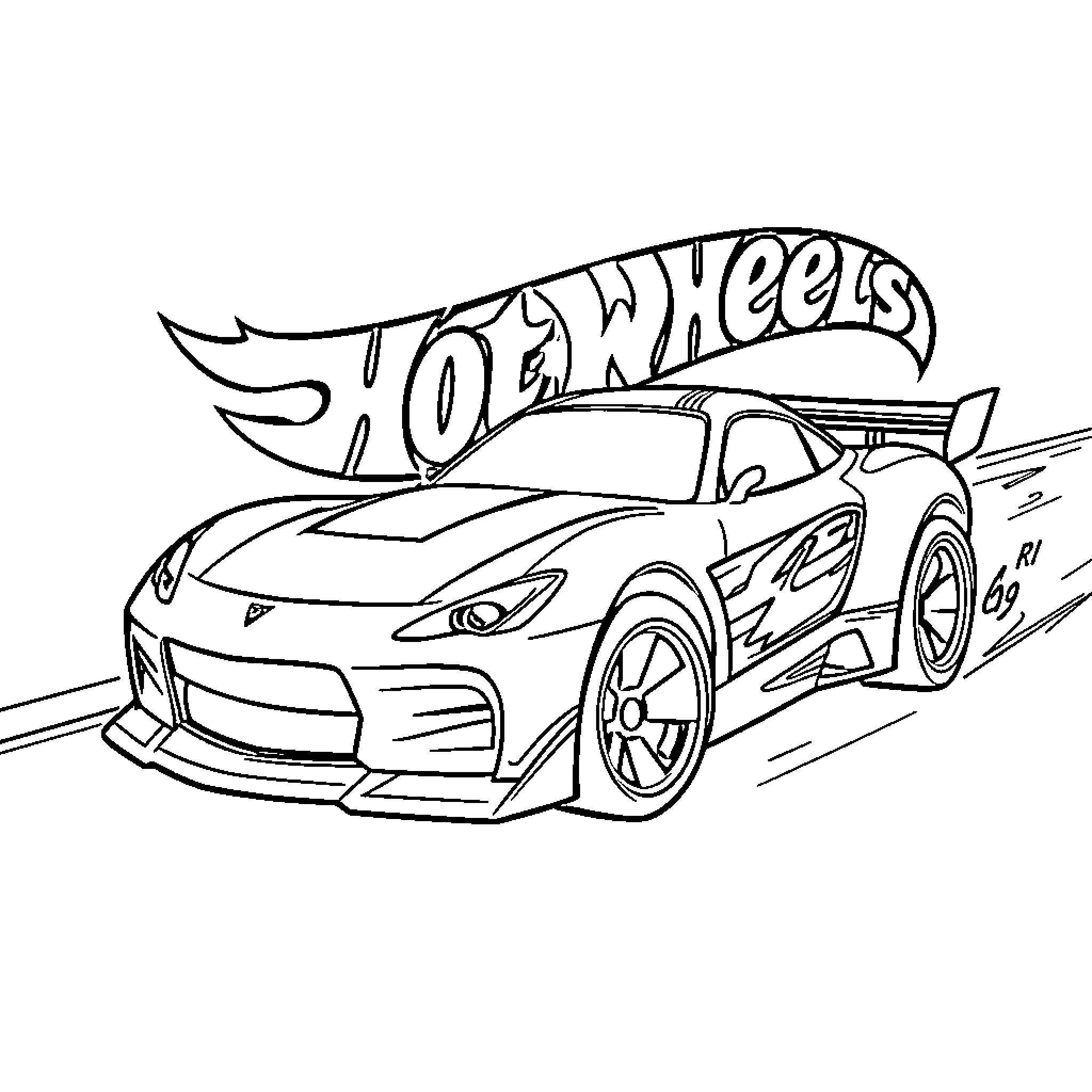 Car speeding along Hot Wheels track Coloring Page (free black-and-white line drawing printable PDF for all, from beginners to advanced learners, including children, teens, adults, and seniors)
